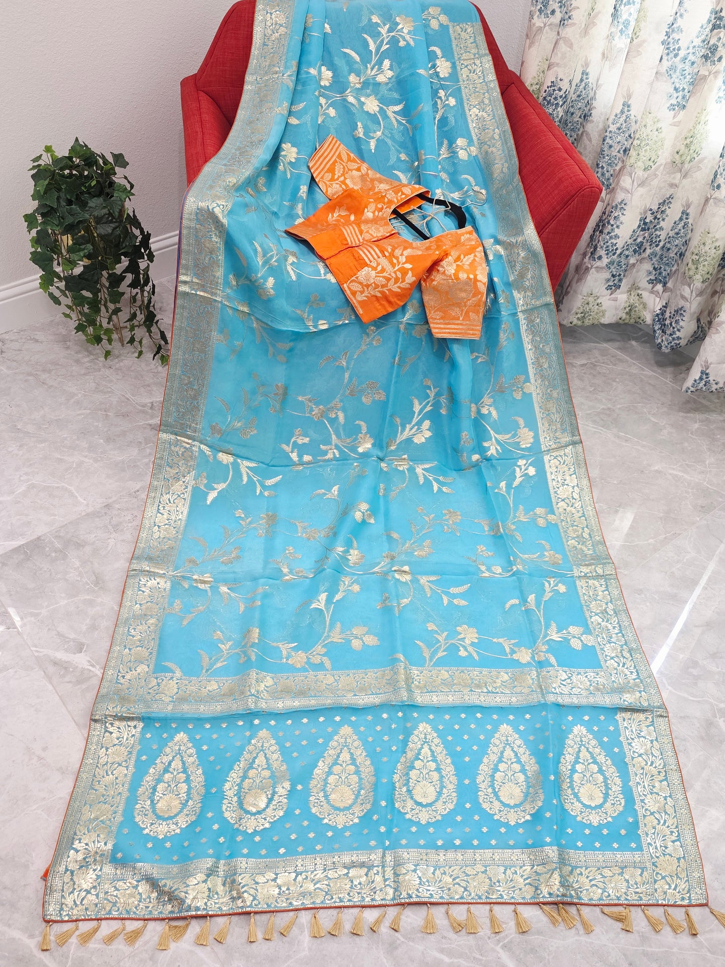 Sky Blue & Antique Gold Soft Khadi Viscose Organza Silk Saree with Floral Zari Weaving & Designer Blouse