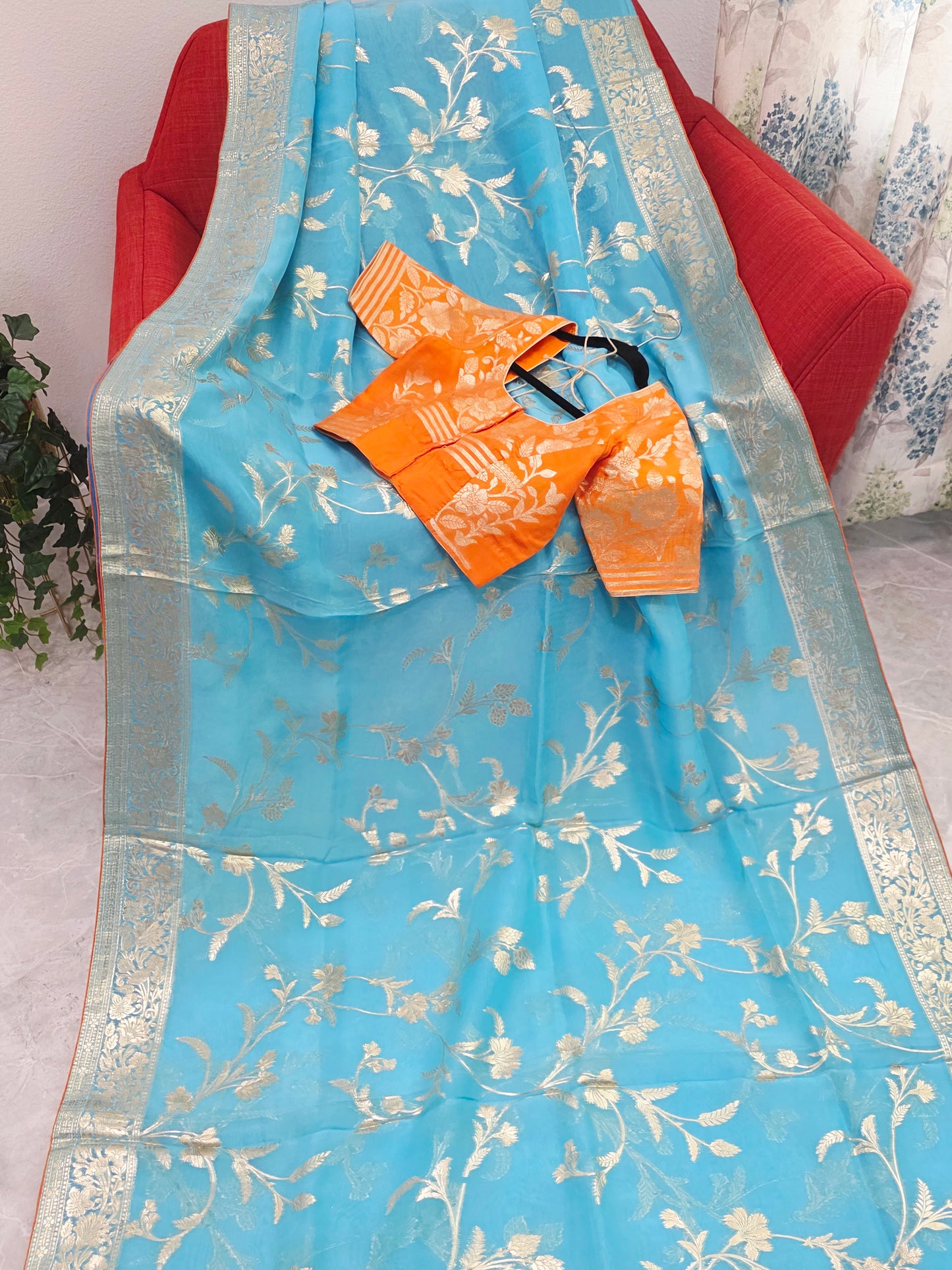 Sky Blue & Antique Gold Soft Khadi Viscose Organza Silk Saree with Floral Zari Weaving & Designer Blouse