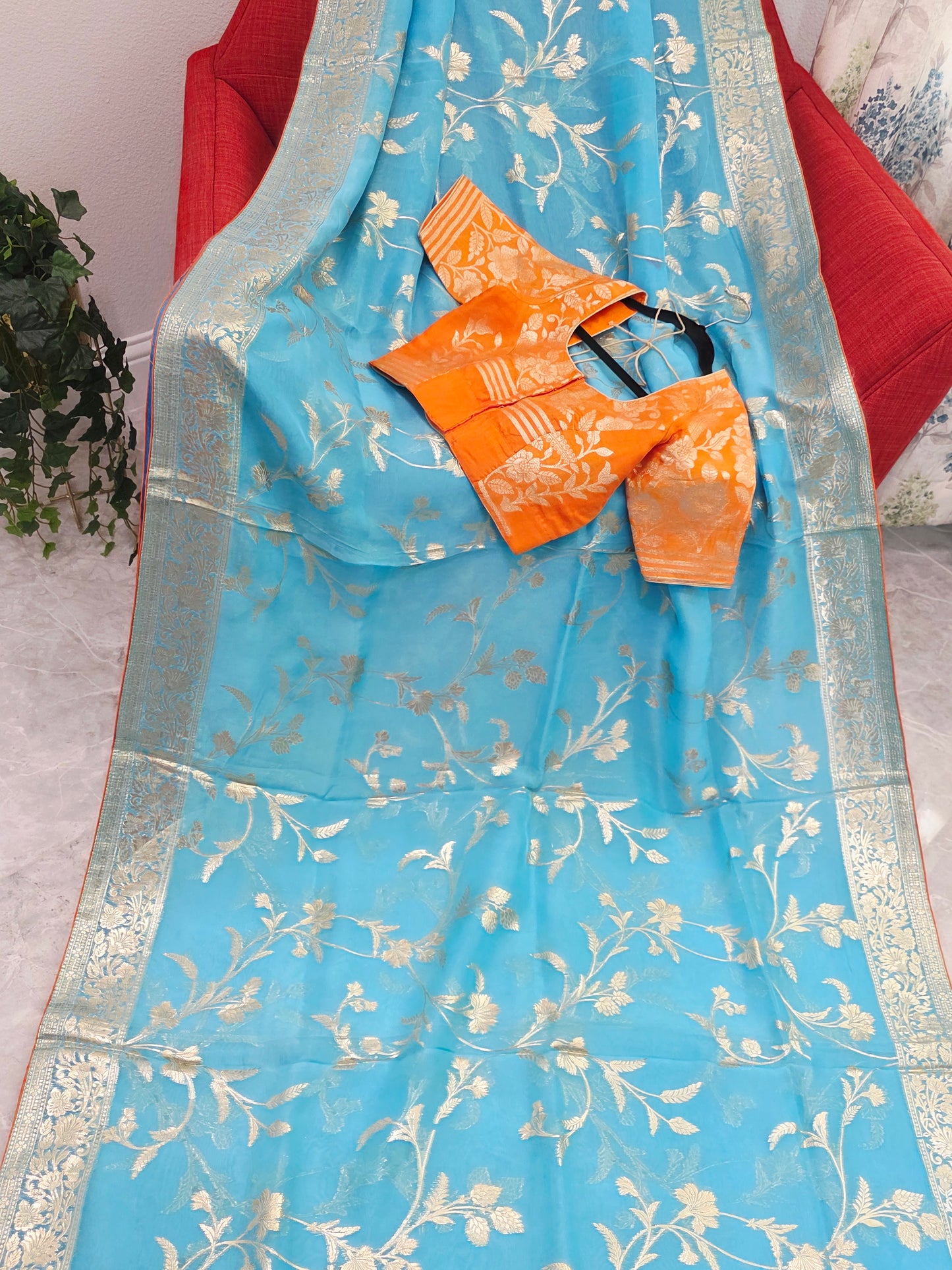 Sky Blue & Antique Gold Soft Khadi Viscose Organza Silk Saree with Floral Zari Weaving & Designer Blouse