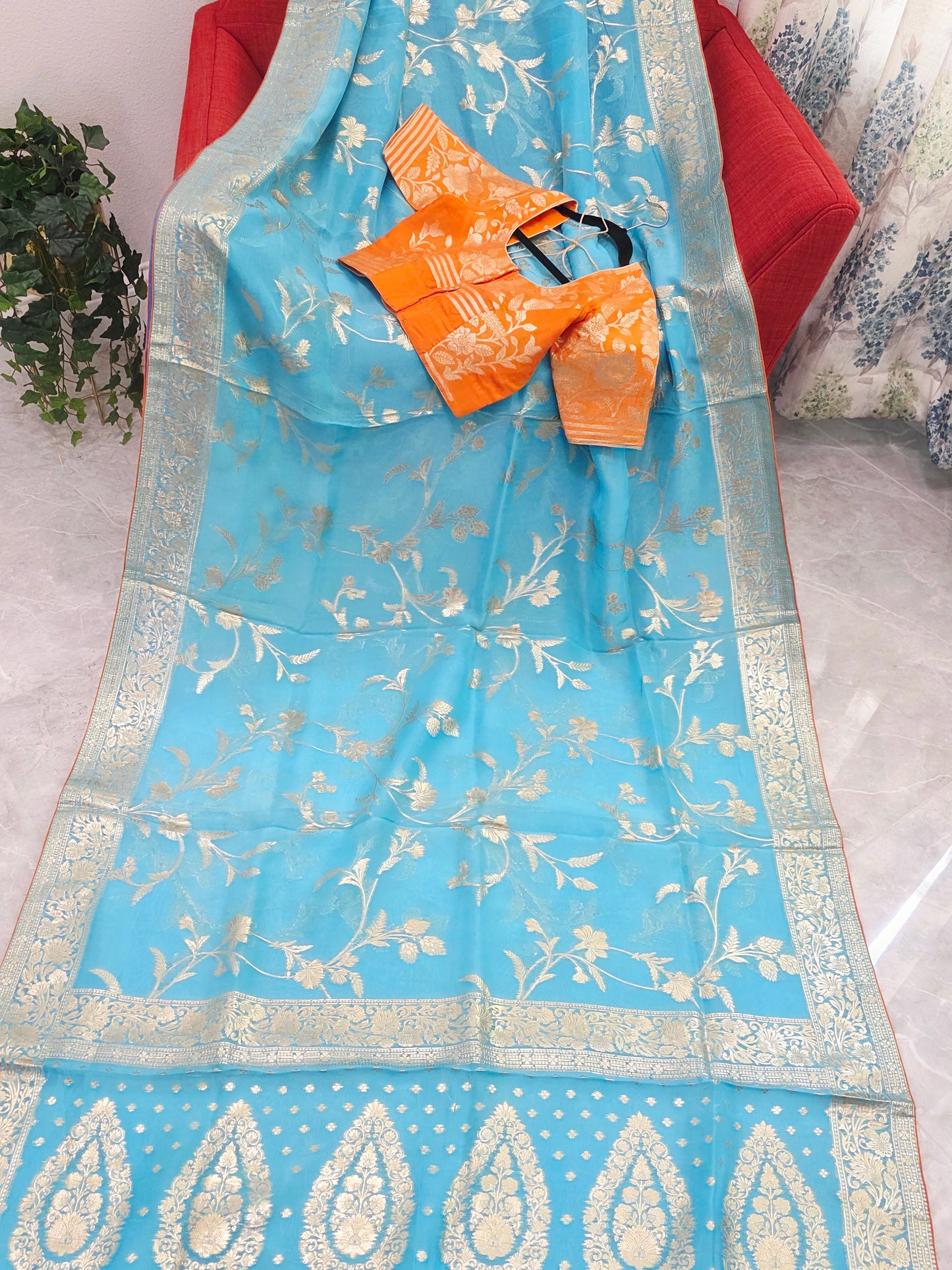Sky Blue & Antique Gold Soft Khadi Viscose Organza Silk Saree with Floral Zari Weaving & Designer Blouse