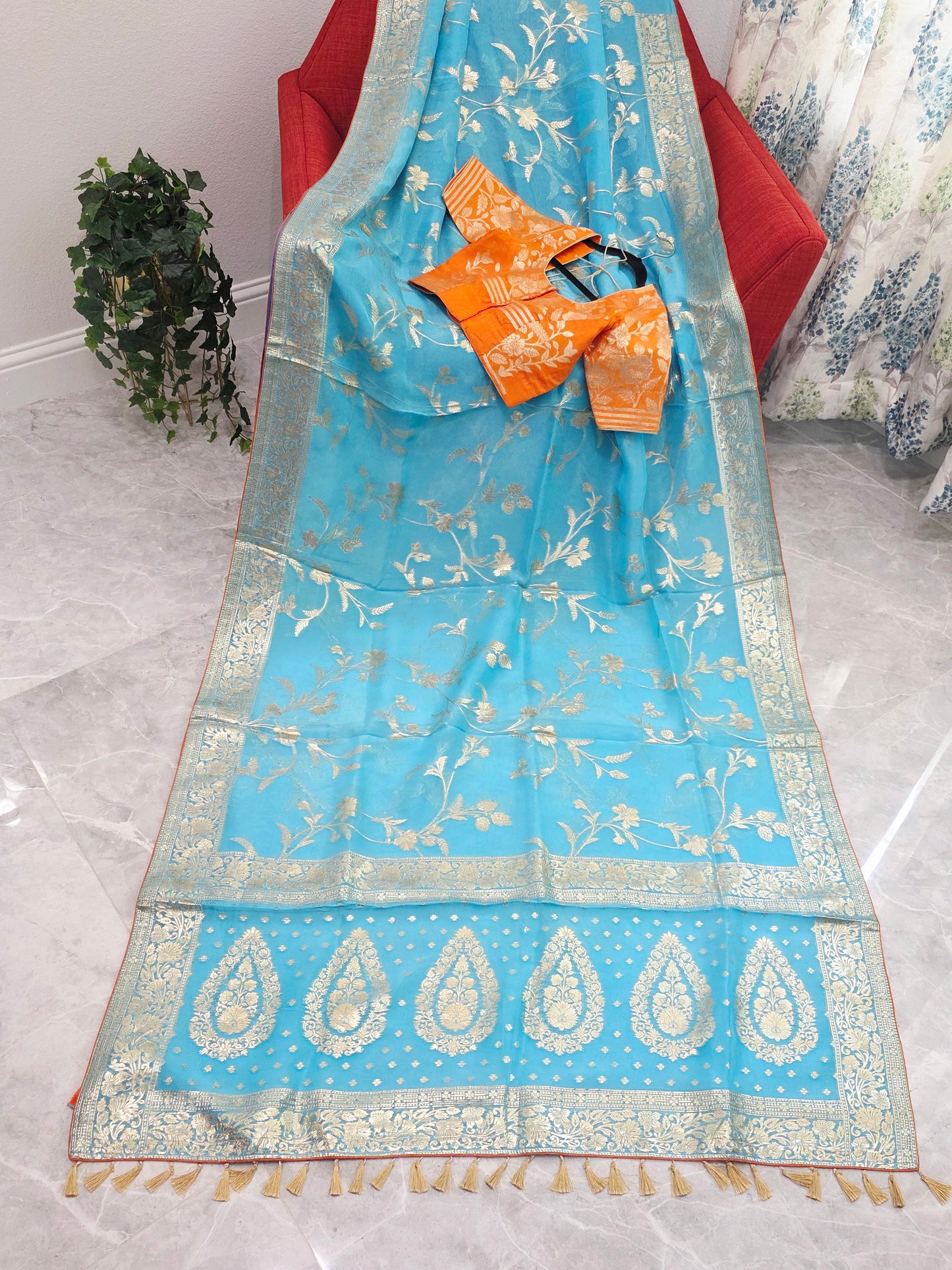 Sky Blue & Antique Gold Soft Khadi Viscose Organza Silk Saree with Floral Zari Weaving & Designer Blouse
