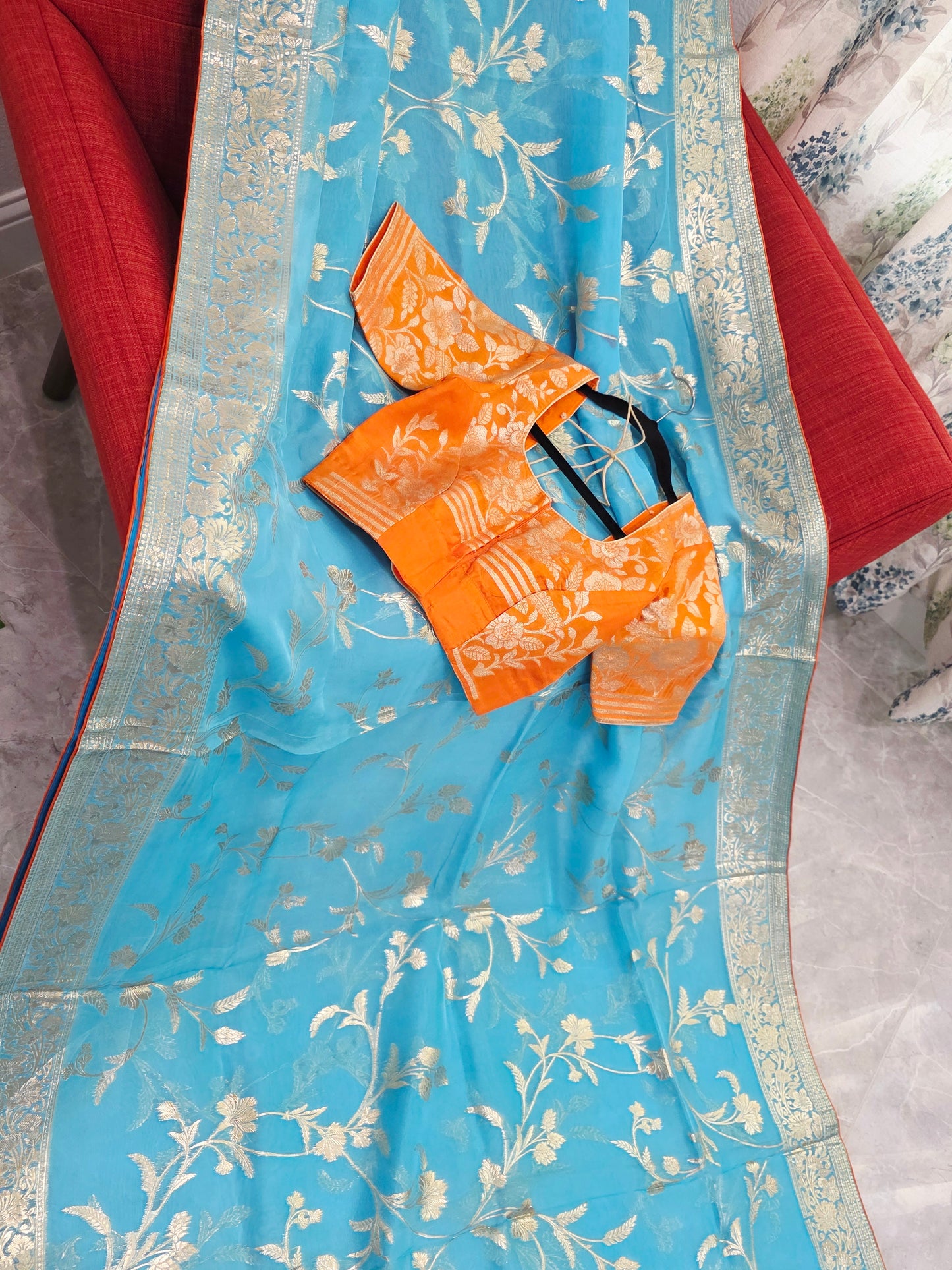 Sky Blue & Antique Gold Soft Khadi Viscose Organza Silk Saree with Floral Zari Weaving & Designer Blouse