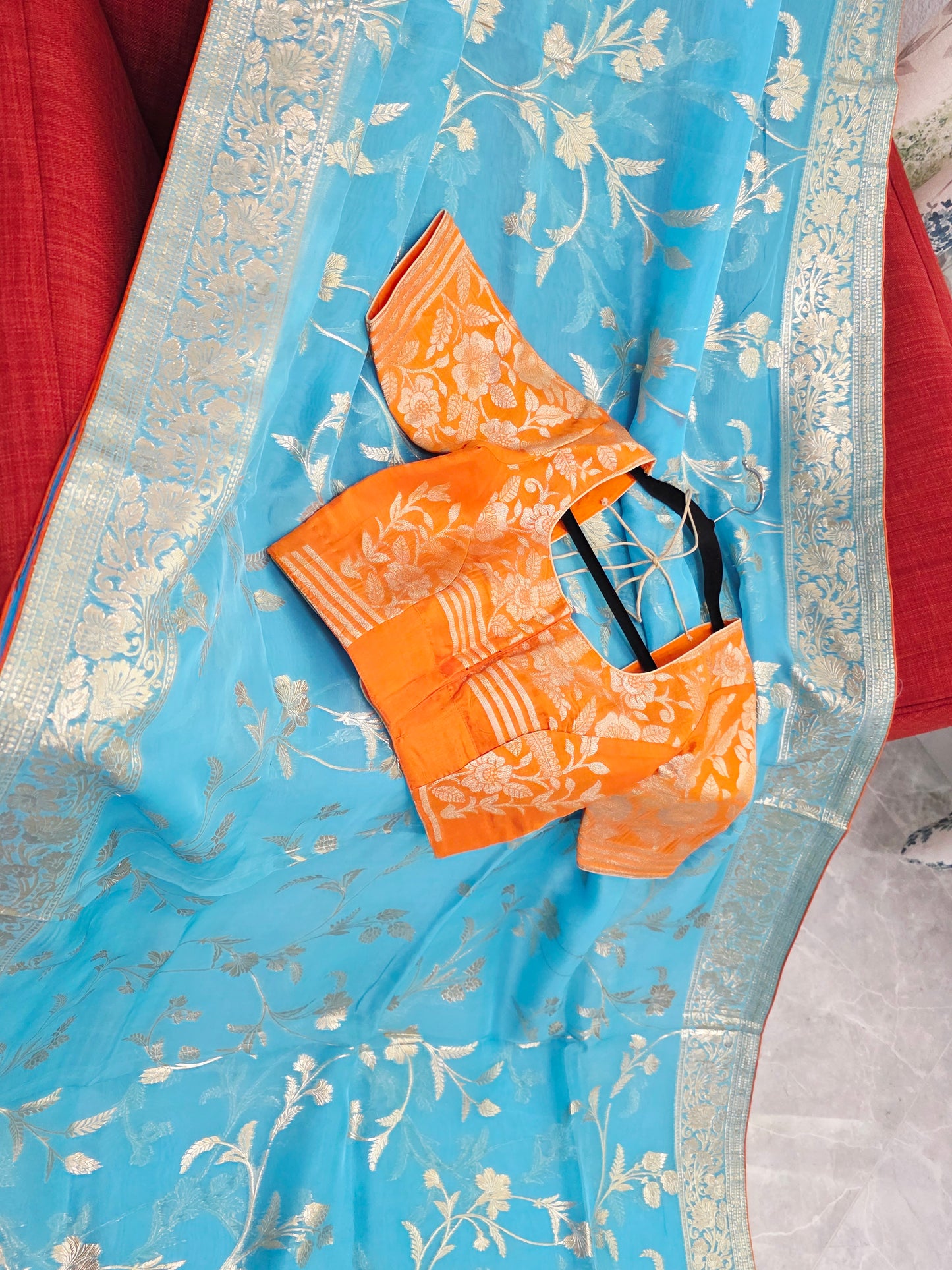 Sky Blue & Antique Gold Soft Khadi Viscose Organza Silk Saree with Floral Zari Weaving & Designer Blouse