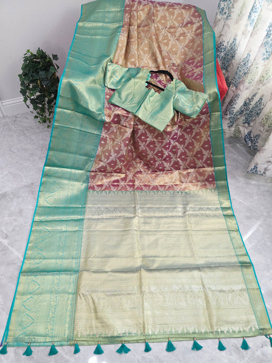 Dusty Rose Pink & Mint Green Pure Kanchi Tissue Silk Saree with Antique Gold Zari Weaving & Designer Blouseidery & Designer Blouse