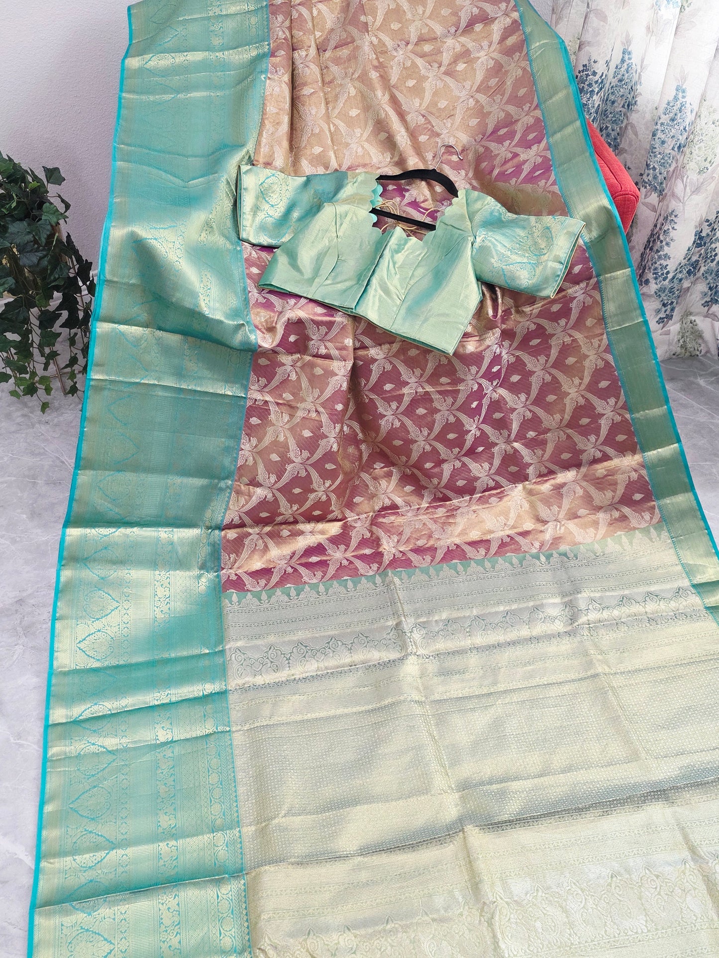 Dusty Rose Pink & Mint Green Pure Kanchi Tissue Silk Saree with Antique Gold Zari Weaving & Designer Blouseidery & Designer Blouse