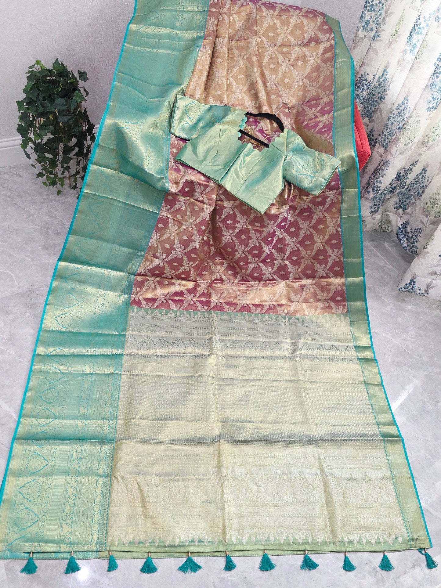 Dusty Rose Pink & Mint Green Pure Kanchi Tissue Silk Saree with Antique Gold Zari Weaving & Designer Blouseidery & Designer Blouse