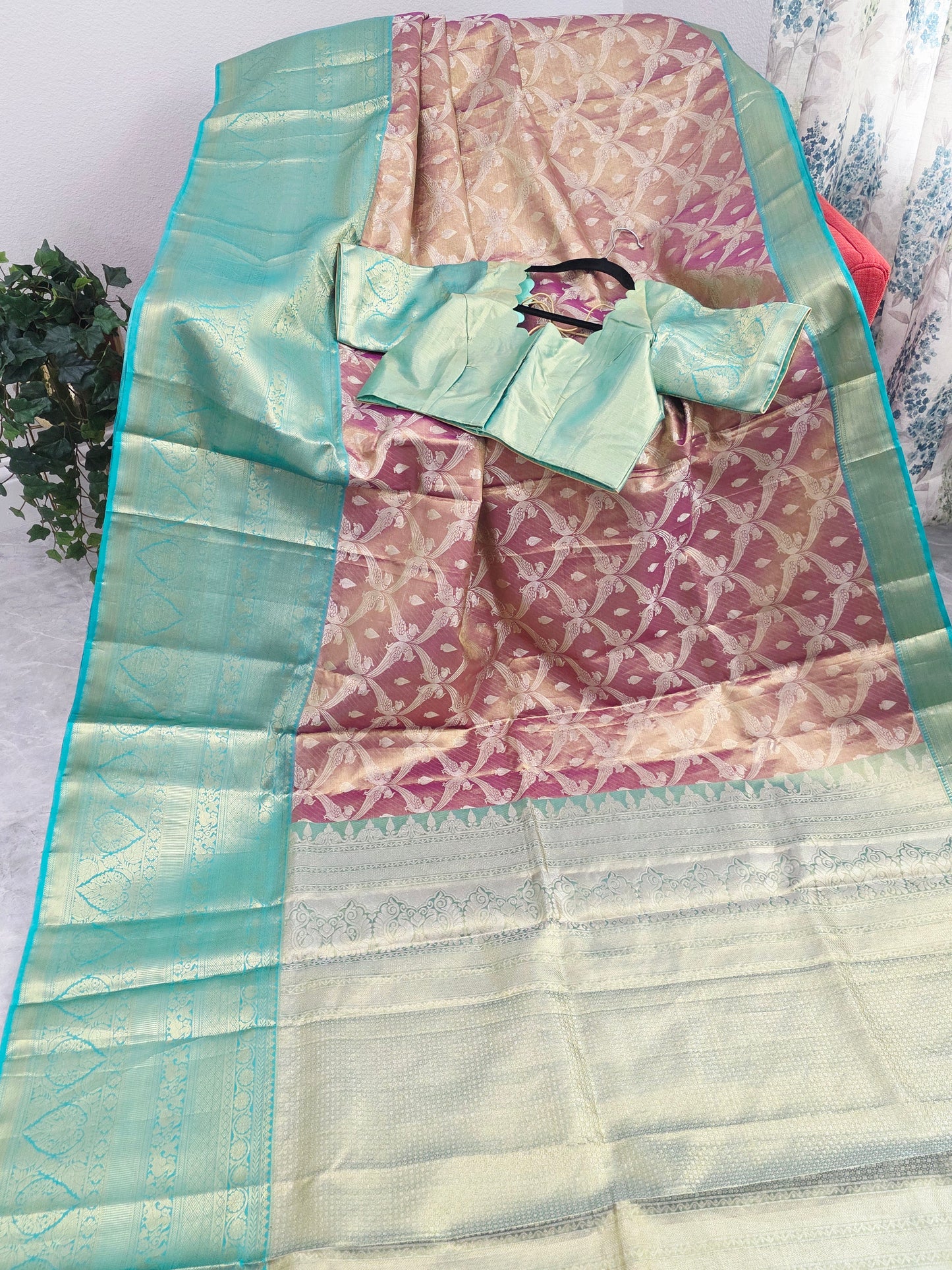 Dusty Rose Pink & Mint Green Pure Kanchi Tissue Silk Saree with Antique Gold Zari Weaving & Designer Blouseidery & Designer Blouse