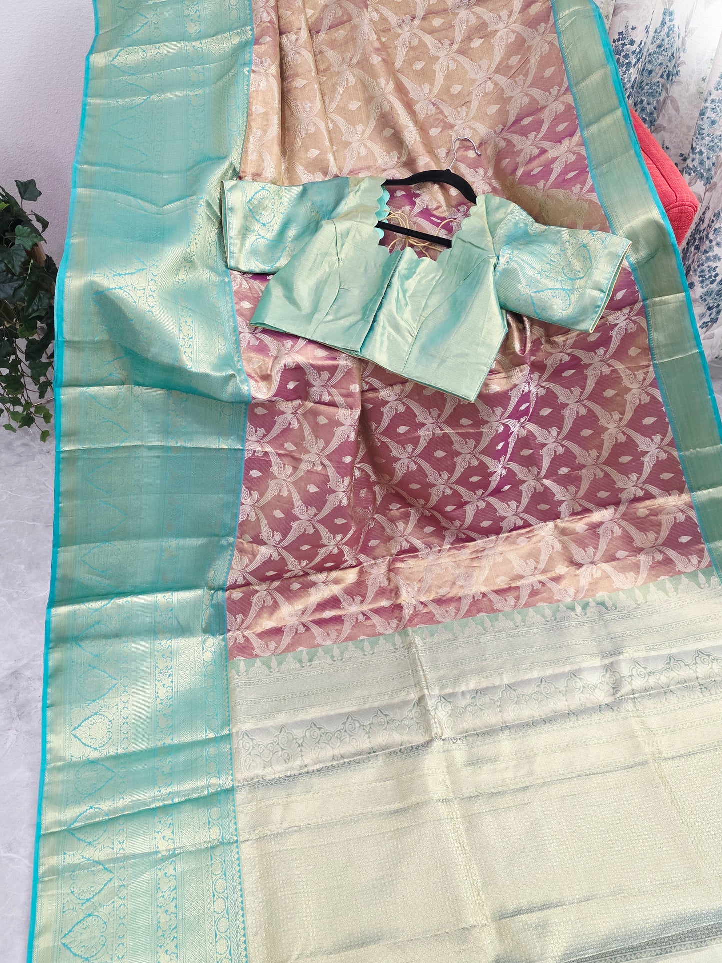 Dusty Rose Pink & Mint Green Pure Kanchi Tissue Silk Saree with Antique Gold Zari Weaving & Designer Blouseidery & Designer Blouse