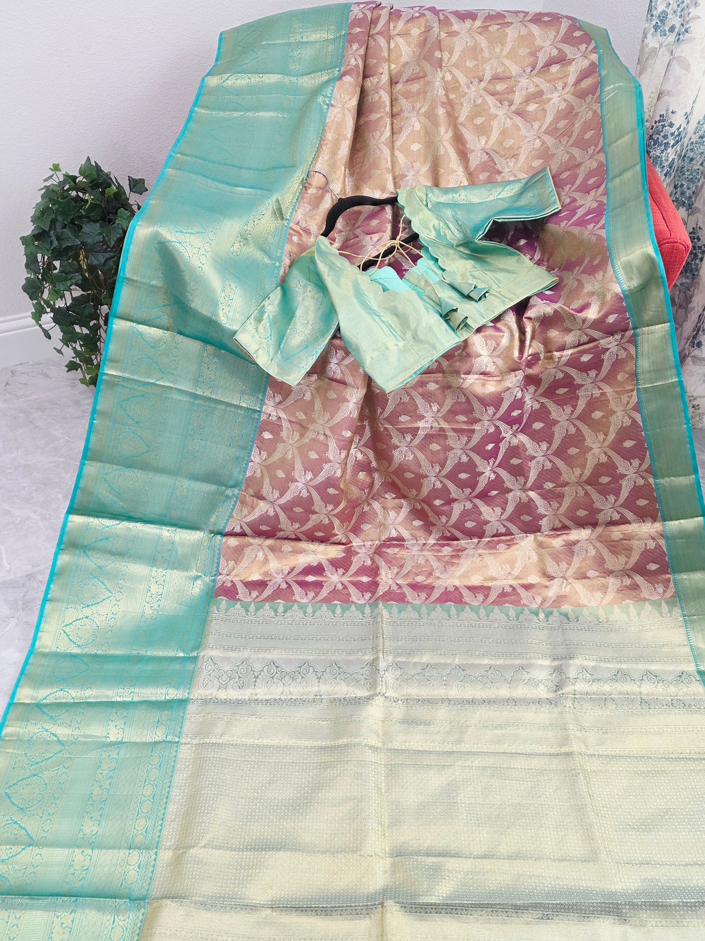 Dusty Rose Pink & Mint Green Pure Kanchi Tissue Silk Saree with Antique Gold Zari Weaving & Designer Blouseidery & Designer Blouse