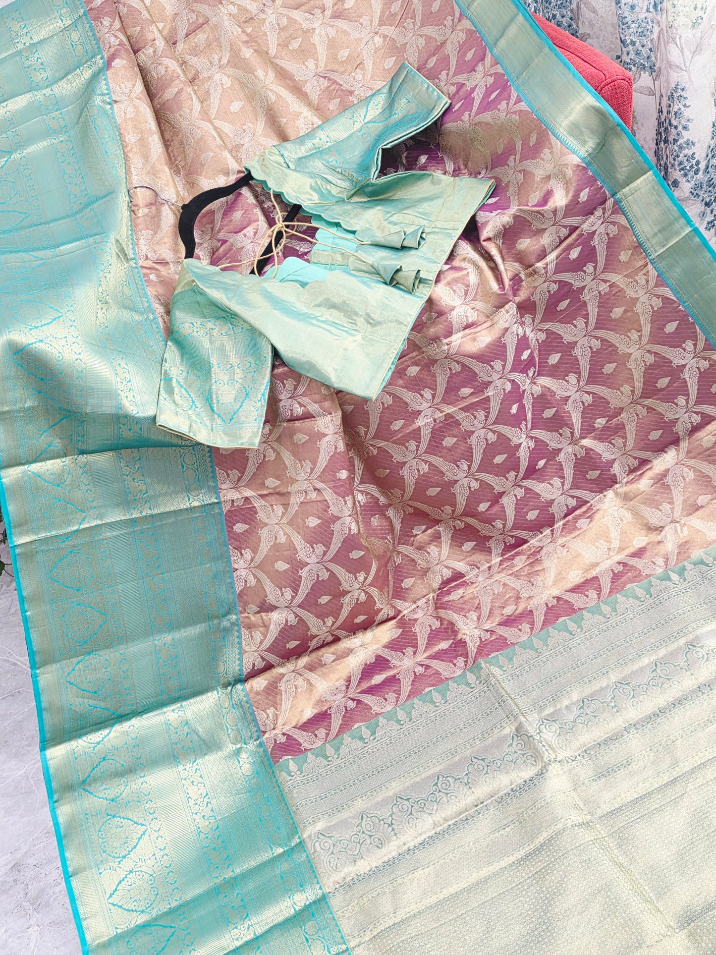 Dusty Rose Pink & Mint Green Pure Kanchi Tissue Silk Saree with Antique Gold Zari Weaving & Designer Blouseidery & Designer Blouse