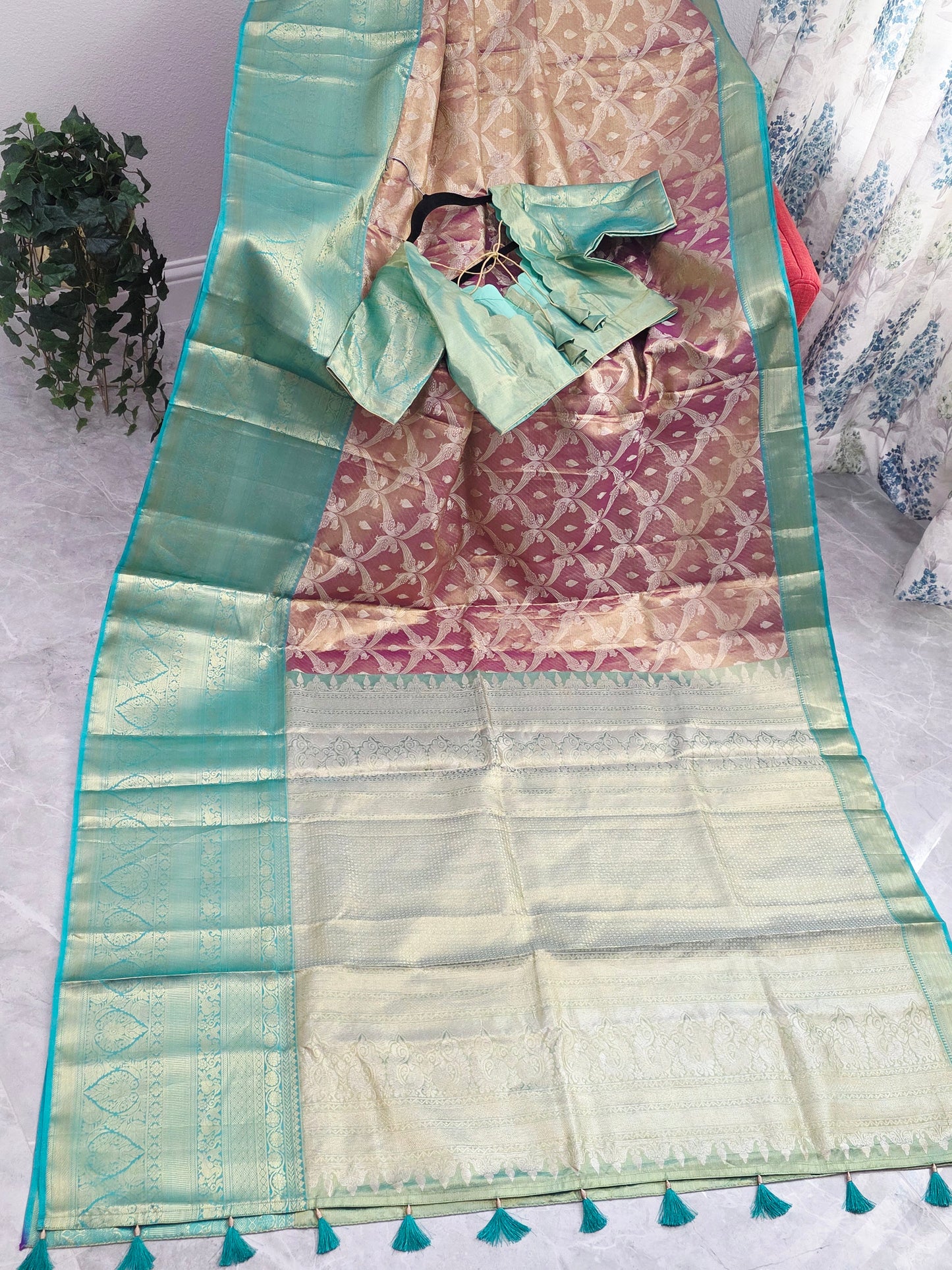 Dusty Rose Pink & Mint Green Pure Kanchi Tissue Silk Saree with Antique Gold Zari Weaving & Designer Blouseidery & Designer Blouse