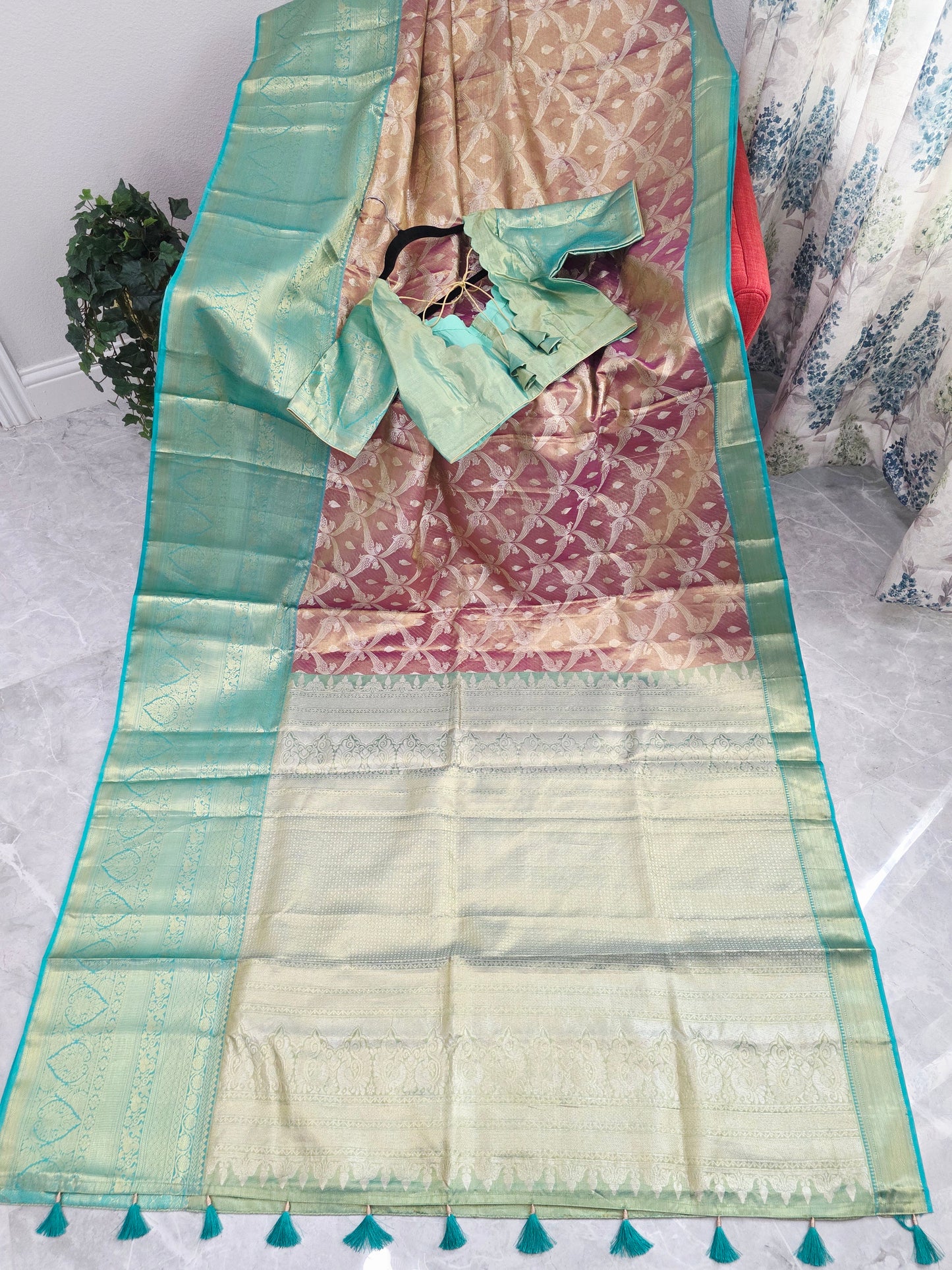 Dusty Rose Pink & Mint Green Pure Kanchi Tissue Silk Saree with Antique Gold Zari Weaving & Designer Blouseidery & Designer Blouse