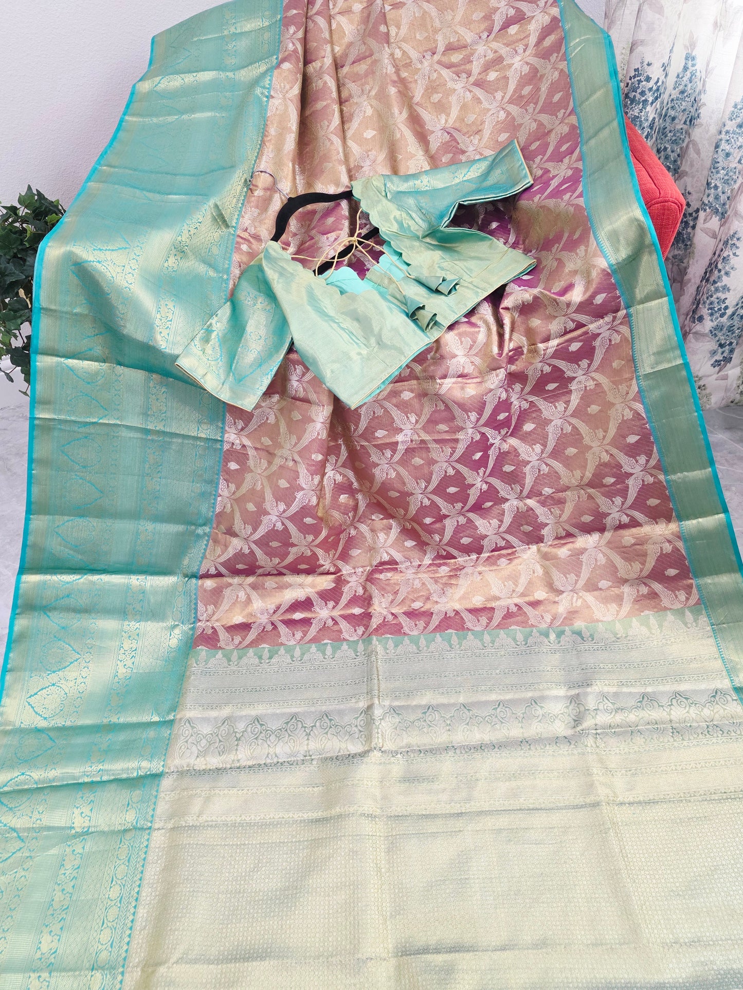 Dusty Rose Pink & Mint Green Pure Kanchi Tissue Silk Saree with Antique Gold Zari Weaving & Designer Blouseidery & Designer Blouse