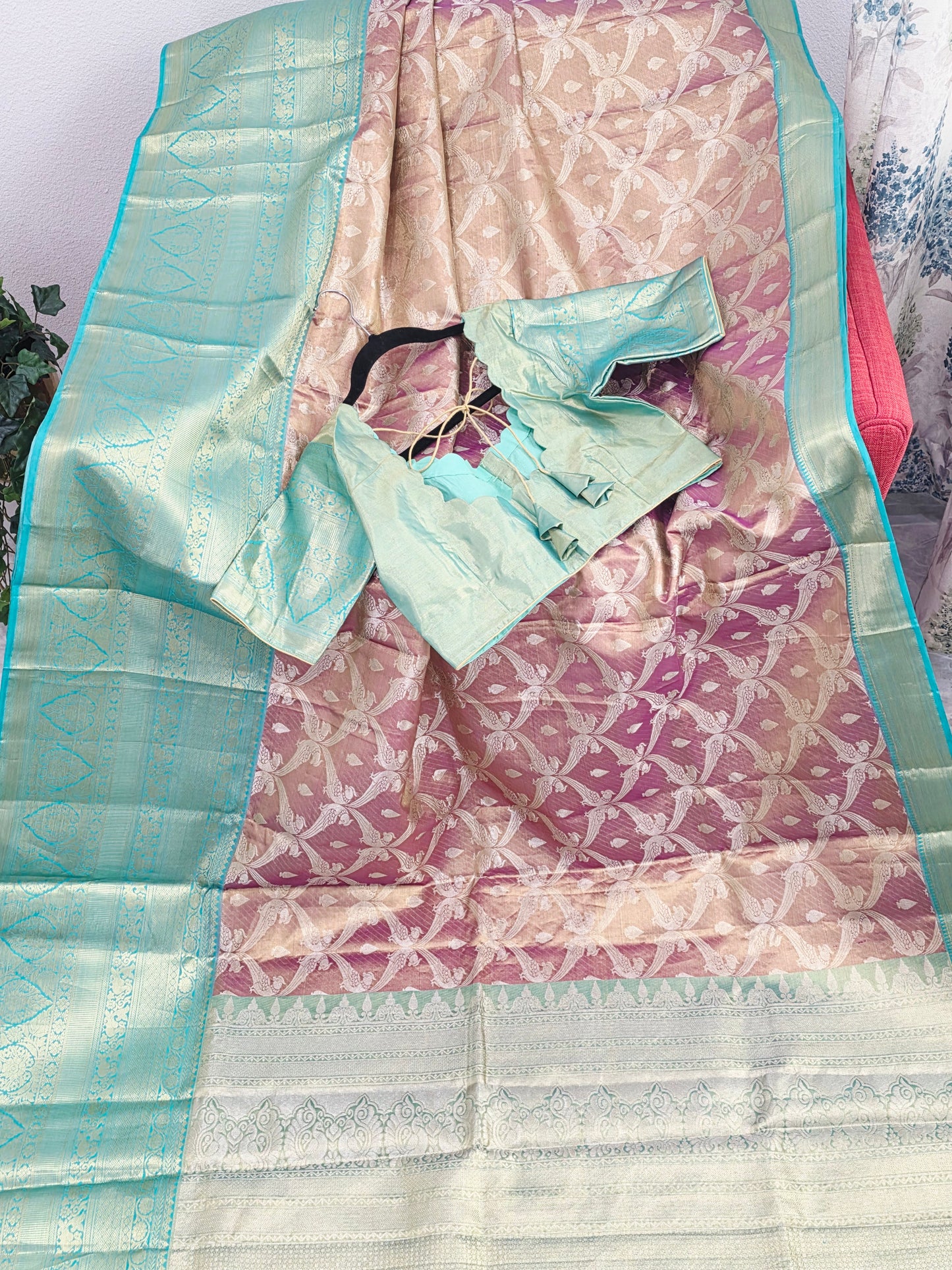 Dusty Rose Pink & Mint Green Pure Kanchi Tissue Silk Saree with Antique Gold Zari Weaving & Designer Blouseidery & Designer Blouse