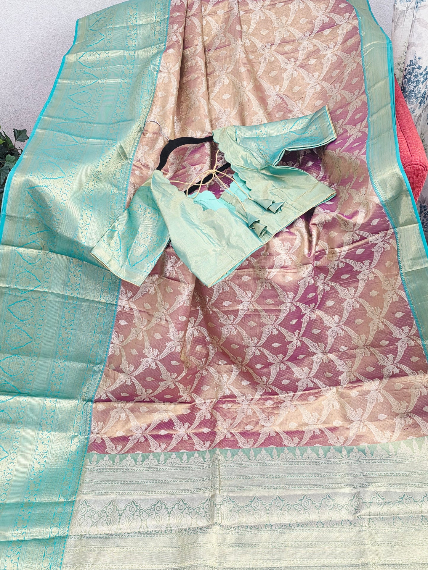 Dusty Rose Pink & Mint Green Pure Kanchi Tissue Silk Saree with Antique Gold Zari Weaving & Designer Blouseidery & Designer Blouse