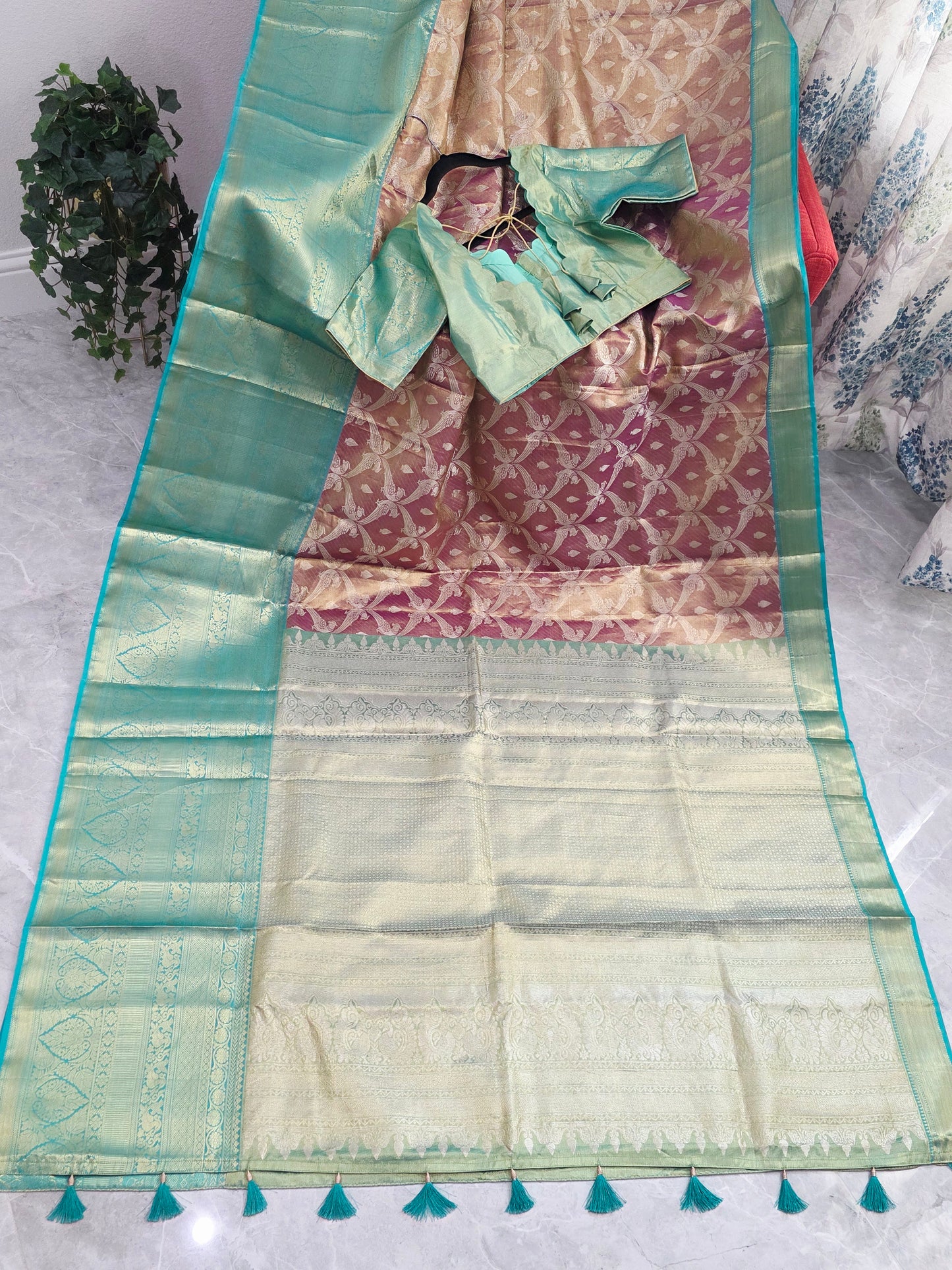 Dusty Rose Pink & Mint Green Pure Kanchi Tissue Silk Saree with Antique Gold Zari Weaving & Designer Blouseidery & Designer Blouse