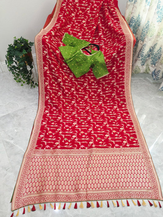 Regal Crimson Red Soft Khadi Viscose Organza Silk Saree with Gold Woven Motifs & Contrast Green Blouse