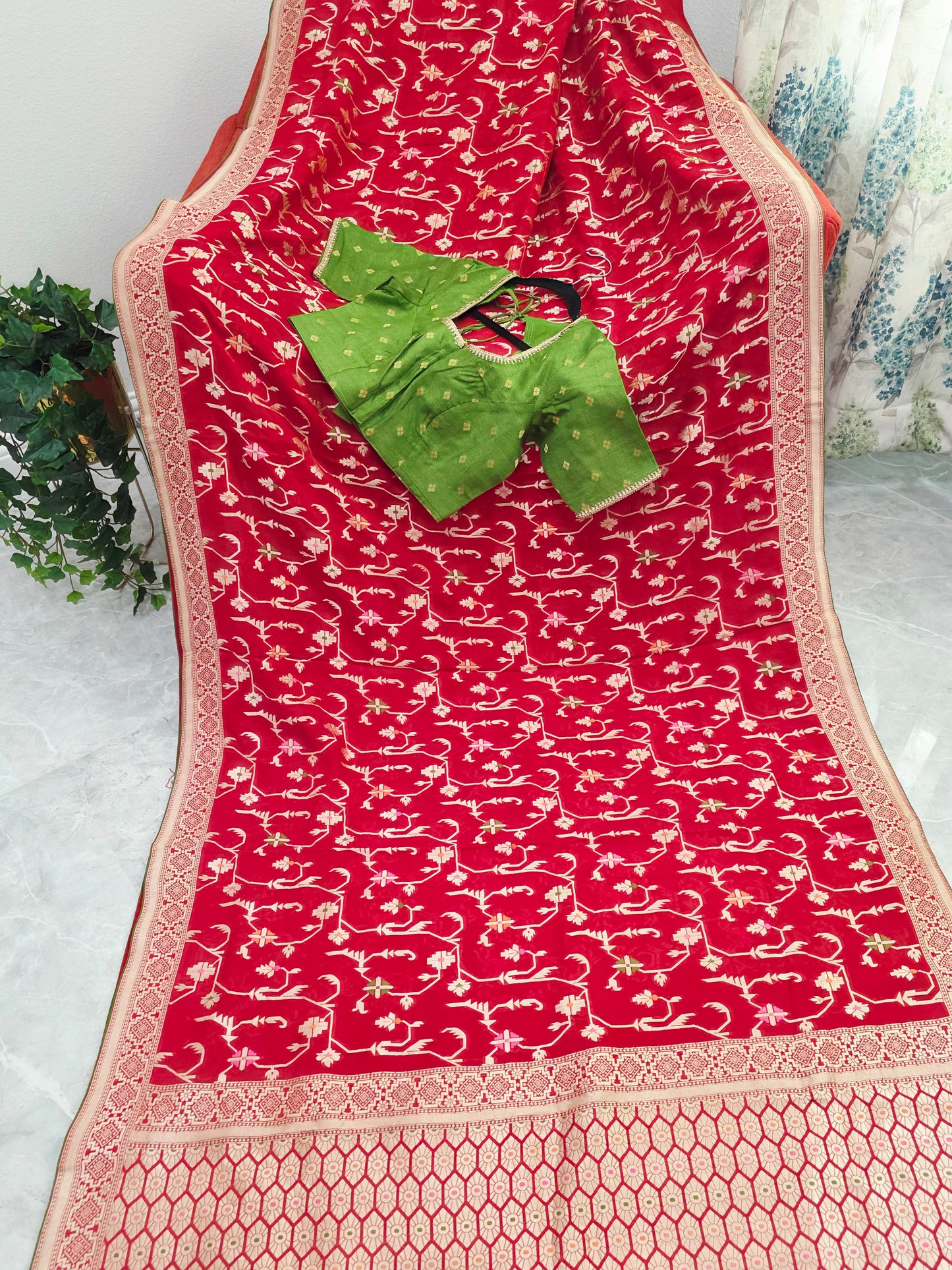 Regal Crimson Red Soft Khadi Viscose Organza Silk Saree with Gold Woven Motifs & Contrast Green Blouse