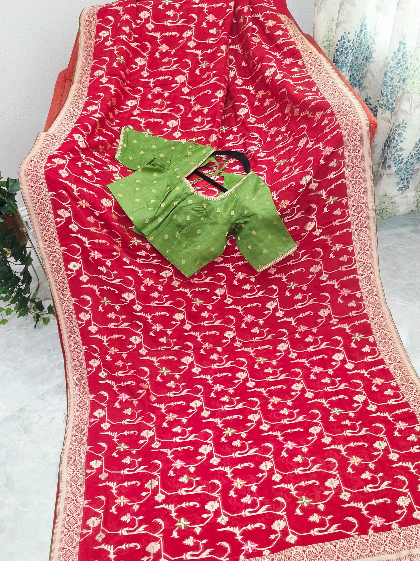 Regal Crimson Red Soft Khadi Viscose Organza Silk Saree with Gold Woven Motifs & Contrast Green Blouse