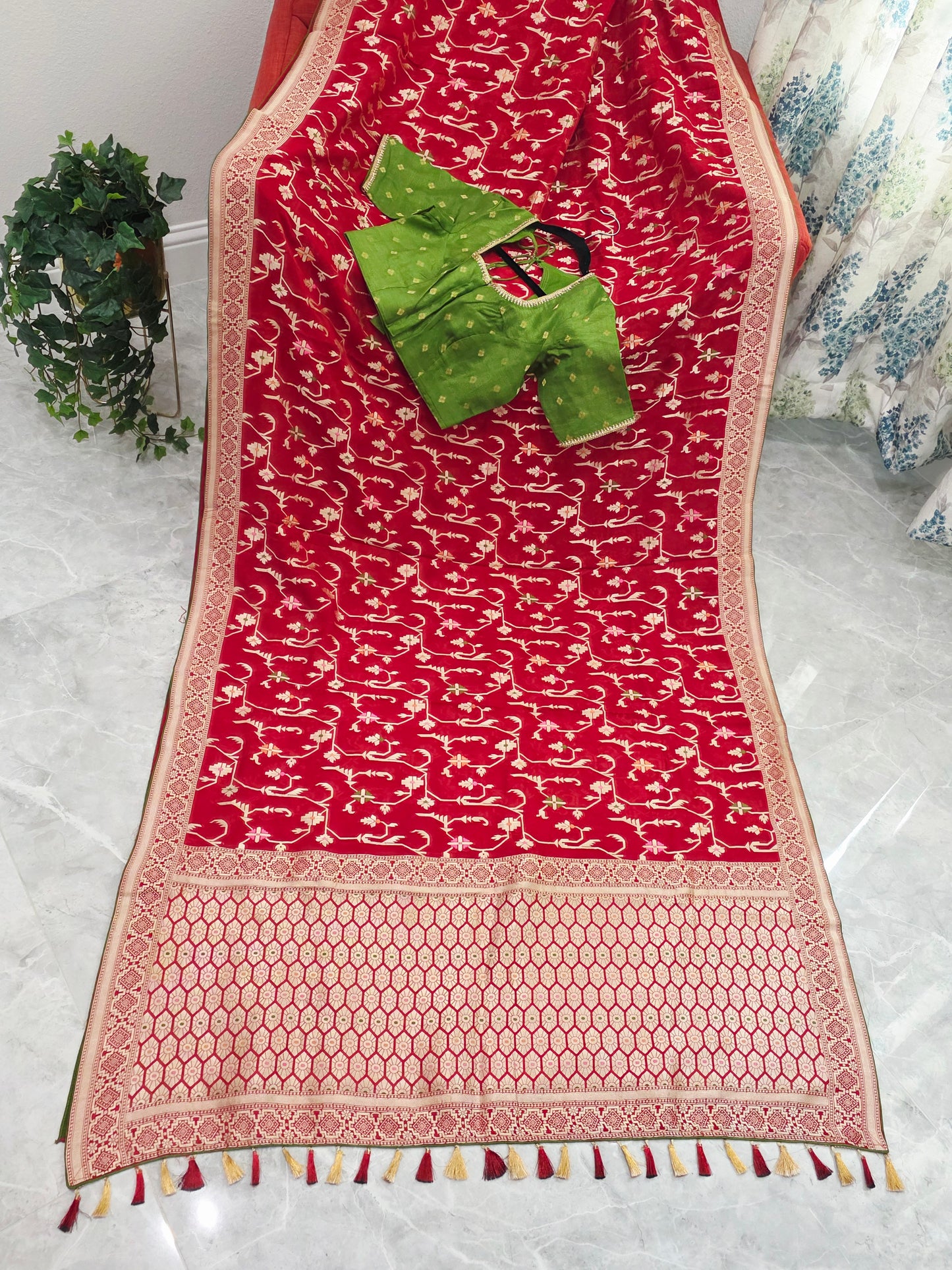 Regal Crimson Red Soft Khadi Viscose Organza Silk Saree with Gold Woven Motifs & Contrast Green Blouse