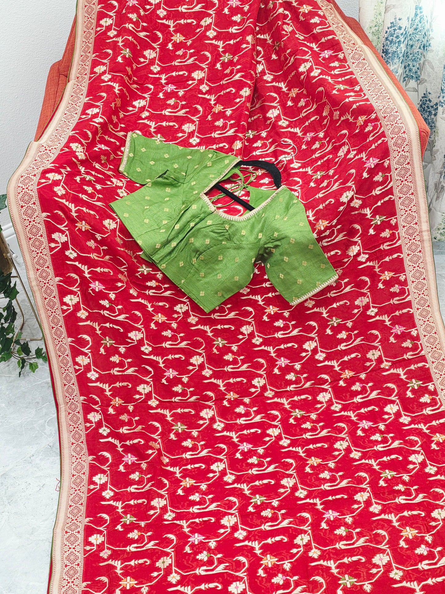Regal Crimson Red Soft Khadi Viscose Organza Silk Saree with Gold Woven Motifs & Contrast Green Blouse