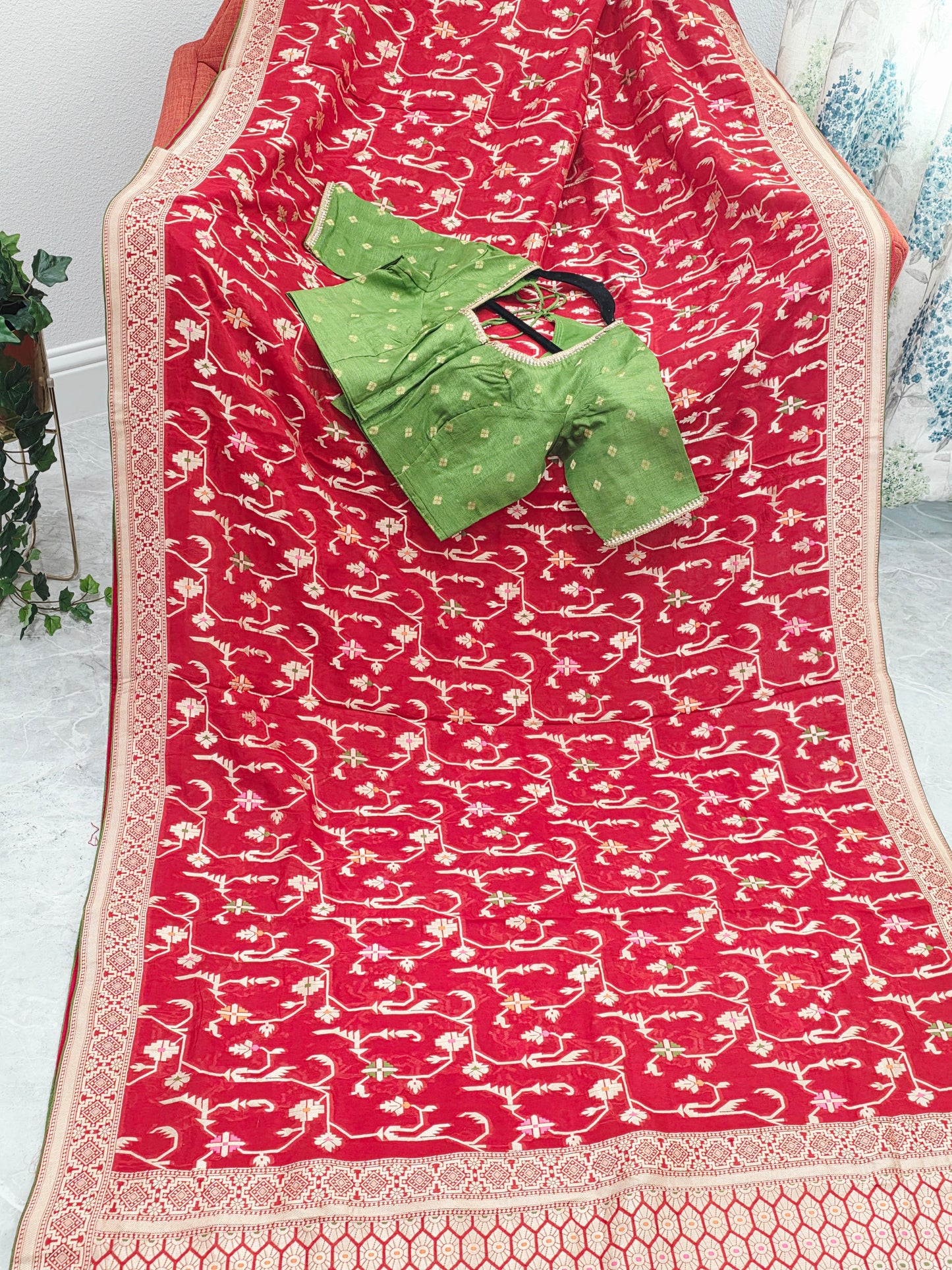 Regal Crimson Red Soft Khadi Viscose Organza Silk Saree with Gold Woven Motifs & Contrast Green Blouse