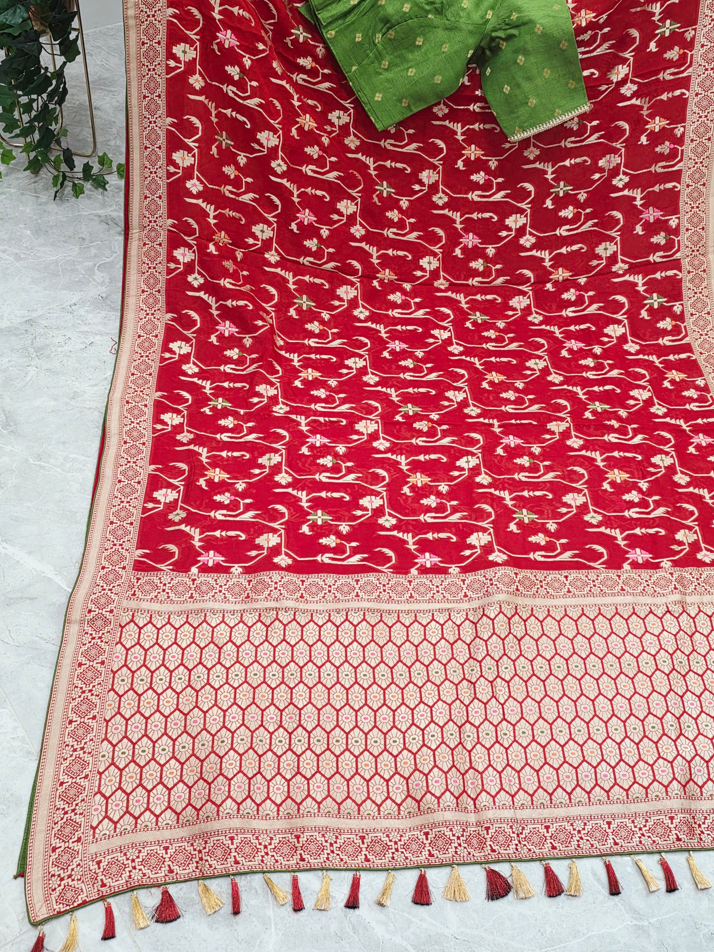 Regal Crimson Red Soft Khadi Viscose Organza Silk Saree with Gold Woven Motifs & Contrast Green Blouse