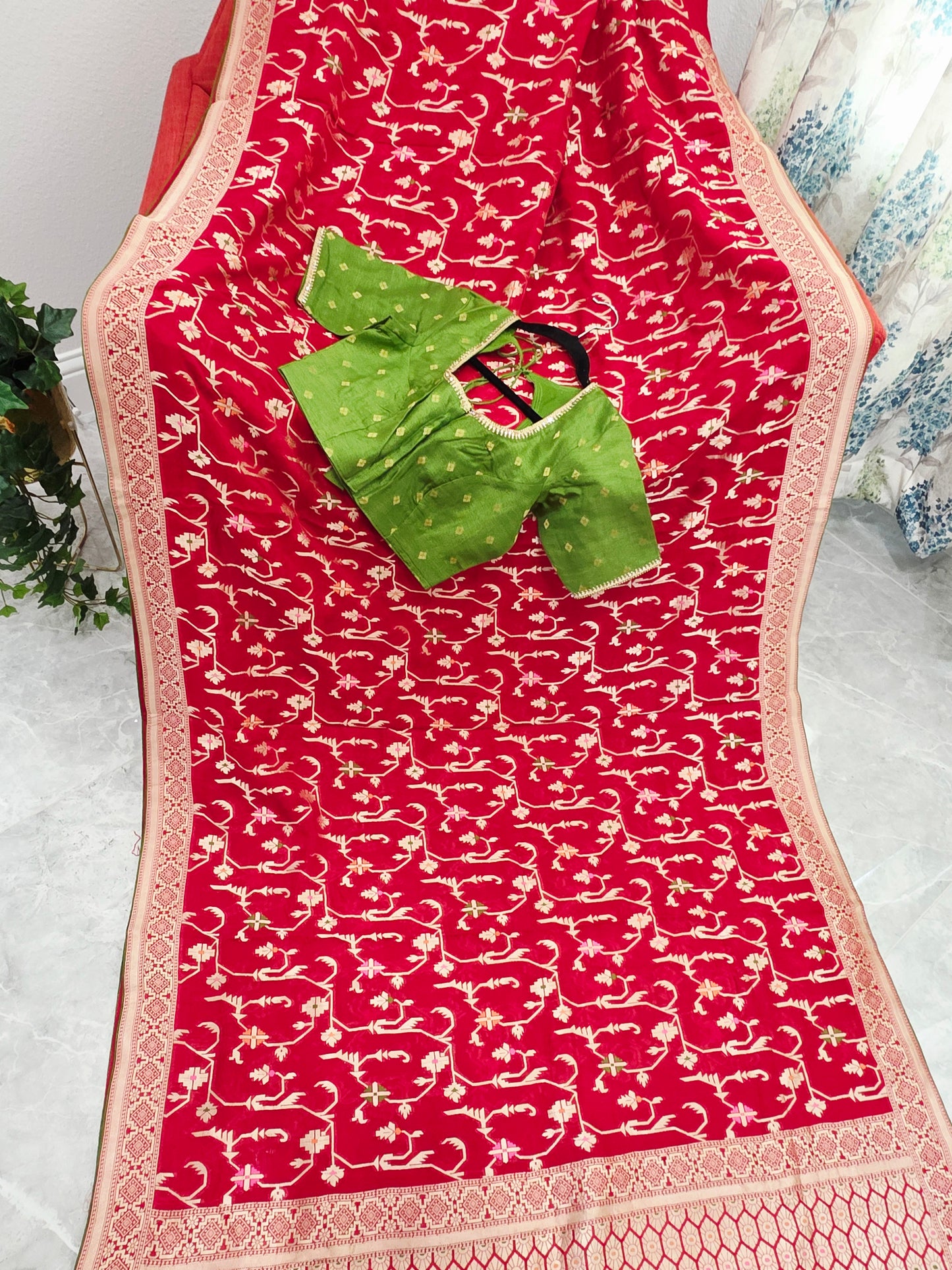 Regal Crimson Red Soft Khadi Viscose Organza Silk Saree with Gold Woven Motifs & Contrast Green Blouse