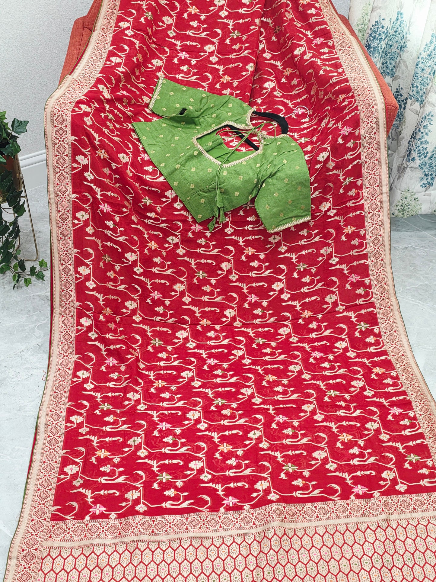 Regal Crimson Red Soft Khadi Viscose Organza Silk Saree with Gold Woven Motifs & Contrast Green Blouse