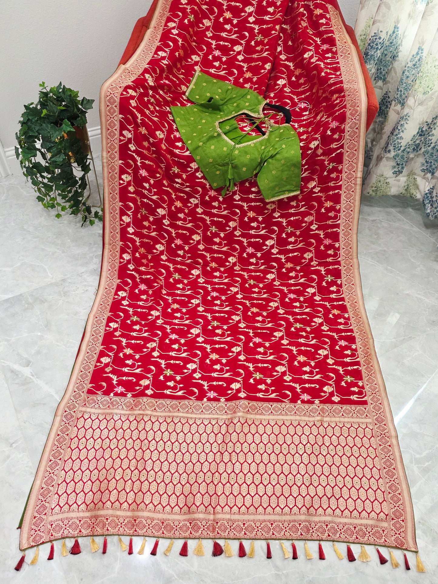 Regal Crimson Red Soft Khadi Viscose Organza Silk Saree with Gold Woven Motifs & Contrast Green Blouse