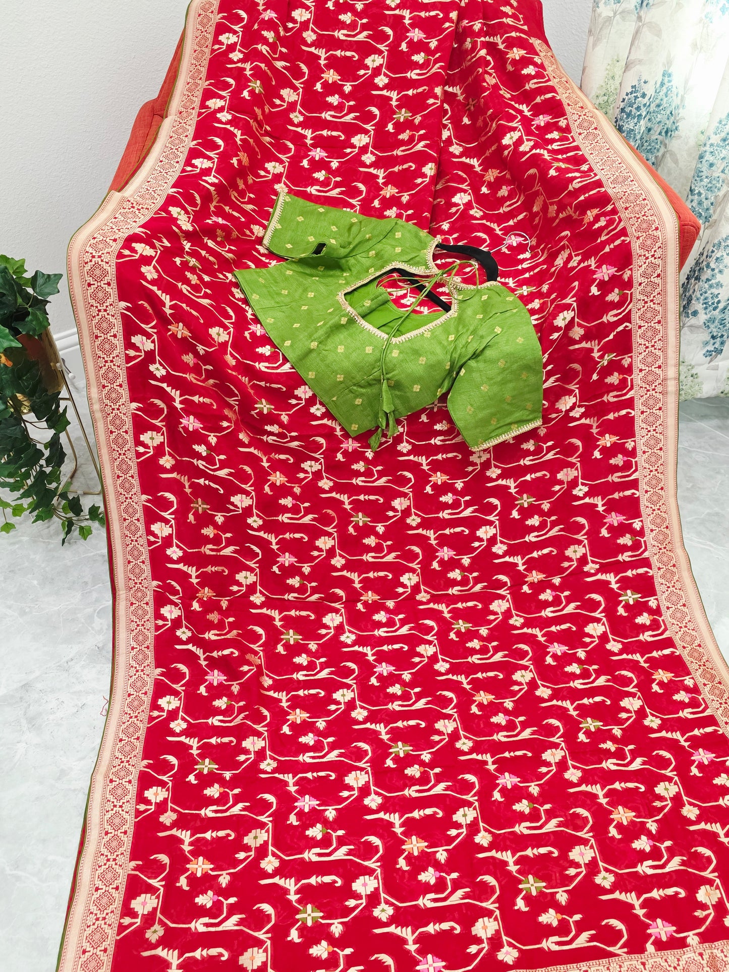 Regal Crimson Red Soft Khadi Viscose Organza Silk Saree with Gold Woven Motifs & Contrast Green Blouse