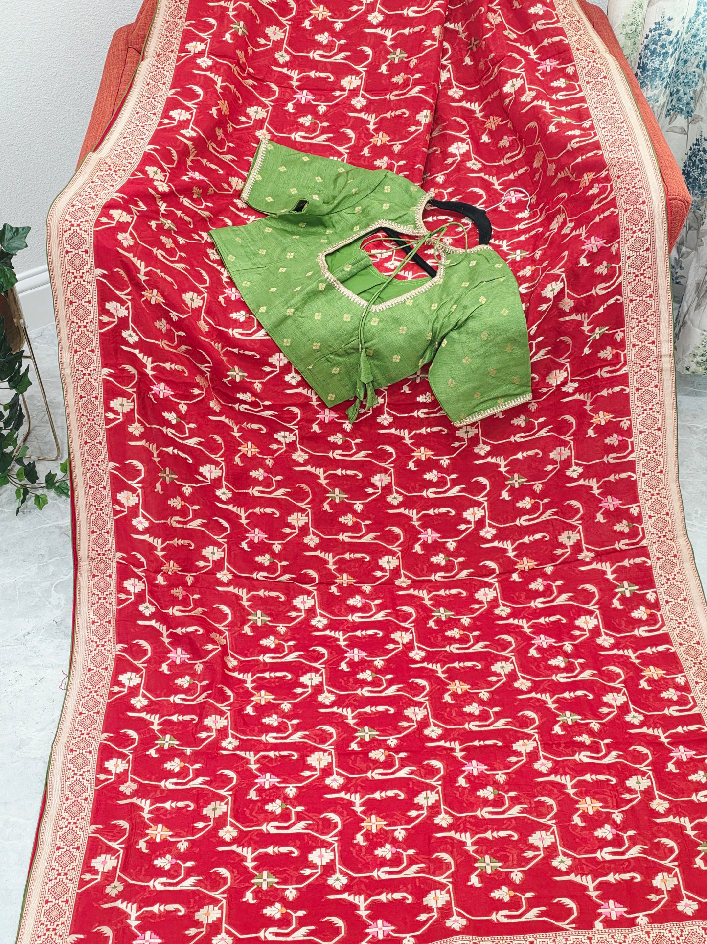 Regal Crimson Red Soft Khadi Viscose Organza Silk Saree with Gold Woven Motifs & Contrast Green Blouse