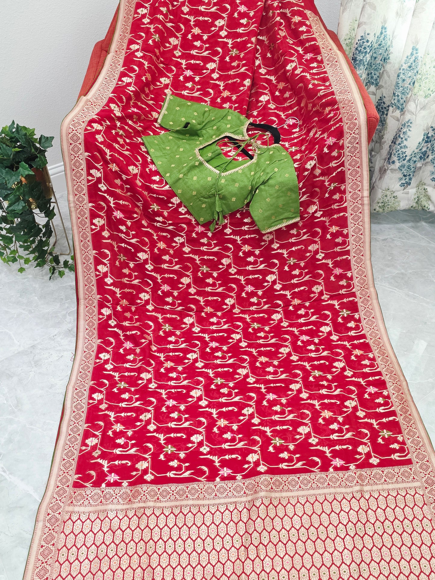 Regal Crimson Red Soft Khadi Viscose Organza Silk Saree with Gold Woven Motifs & Contrast Green Blouse