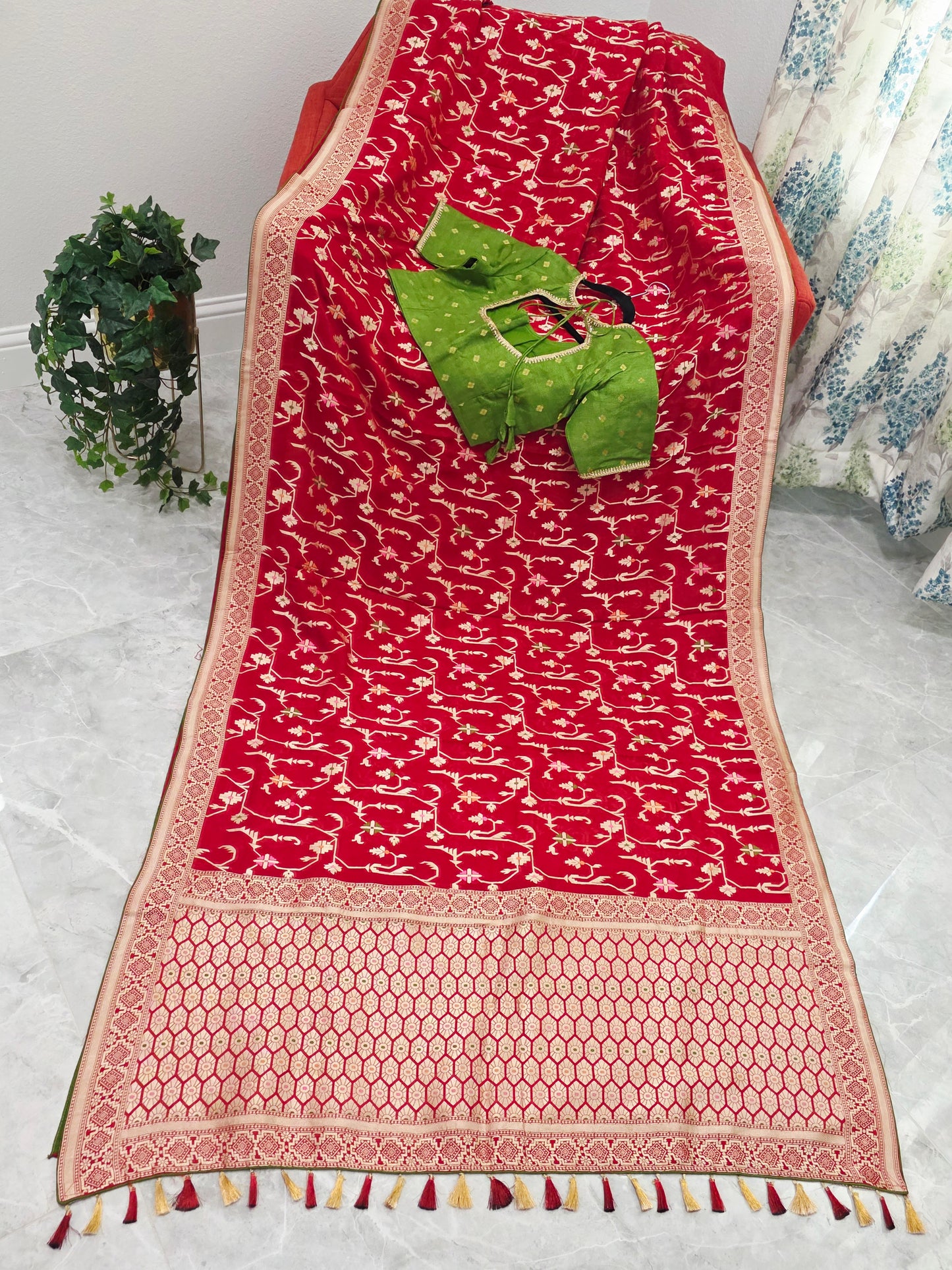 Regal Crimson Red Soft Khadi Viscose Organza Silk Saree with Gold Woven Motifs & Contrast Green Blouse