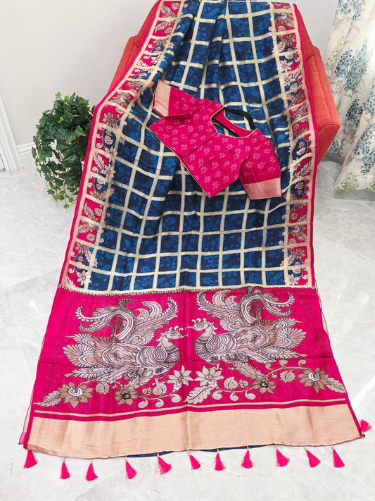 Royal Navy Blue & Rani Pink Kalamkari Gharchola Fusion Crepe Silk Saree with Designer Blouse