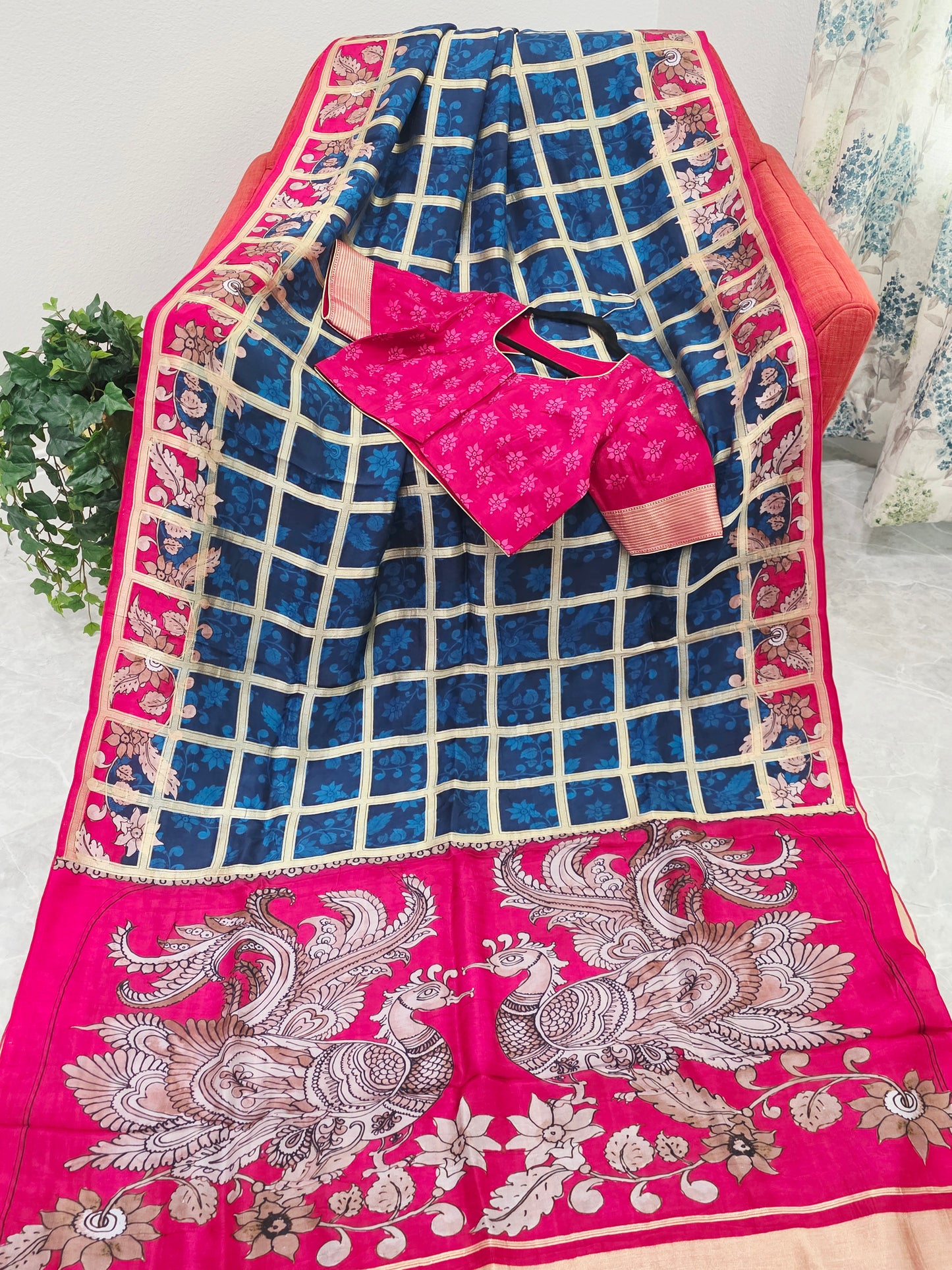 Royal Navy Blue & Rani Pink Kalamkari Gharchola Fusion Crepe Silk Saree with Designer Blouse