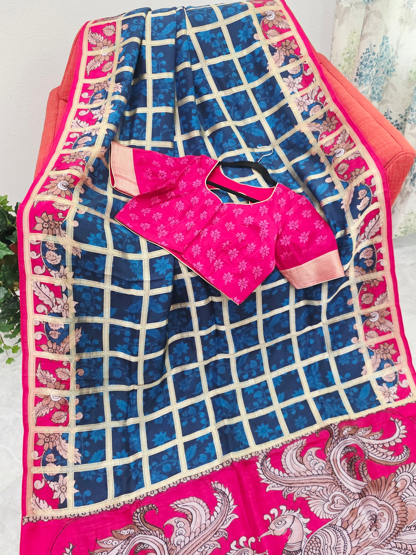 Royal Navy Blue & Rani Pink Kalamkari Gharchola Fusion Crepe Silk Saree with Designer Blouse
