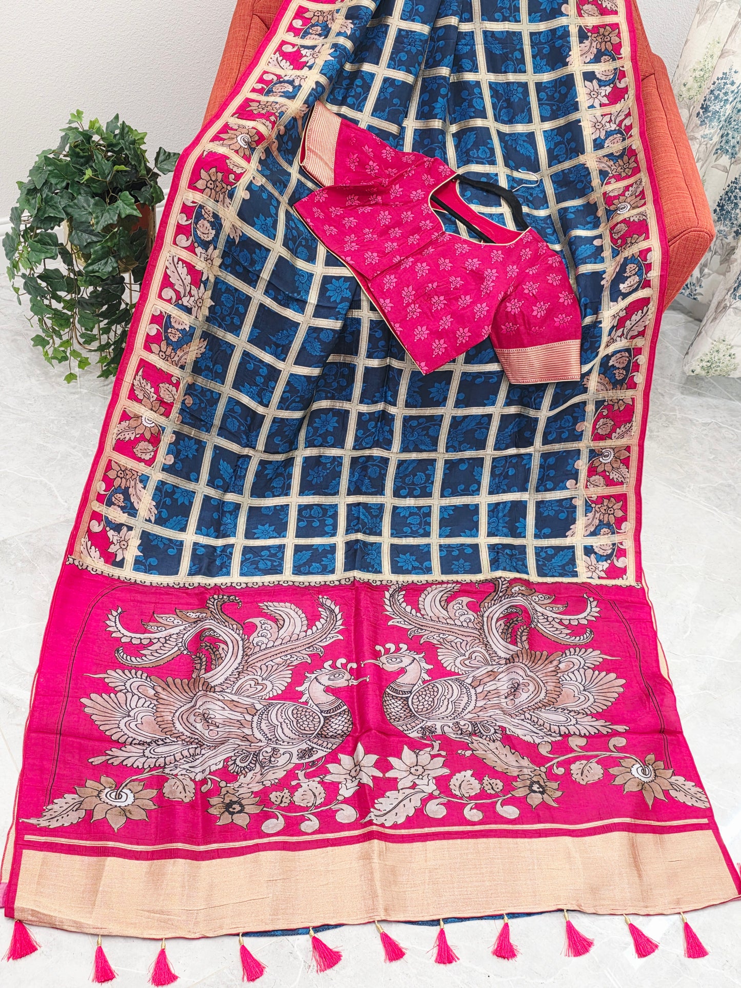 Royal Navy Blue & Rani Pink Kalamkari Gharchola Fusion Crepe Silk Saree with Designer Blouse
