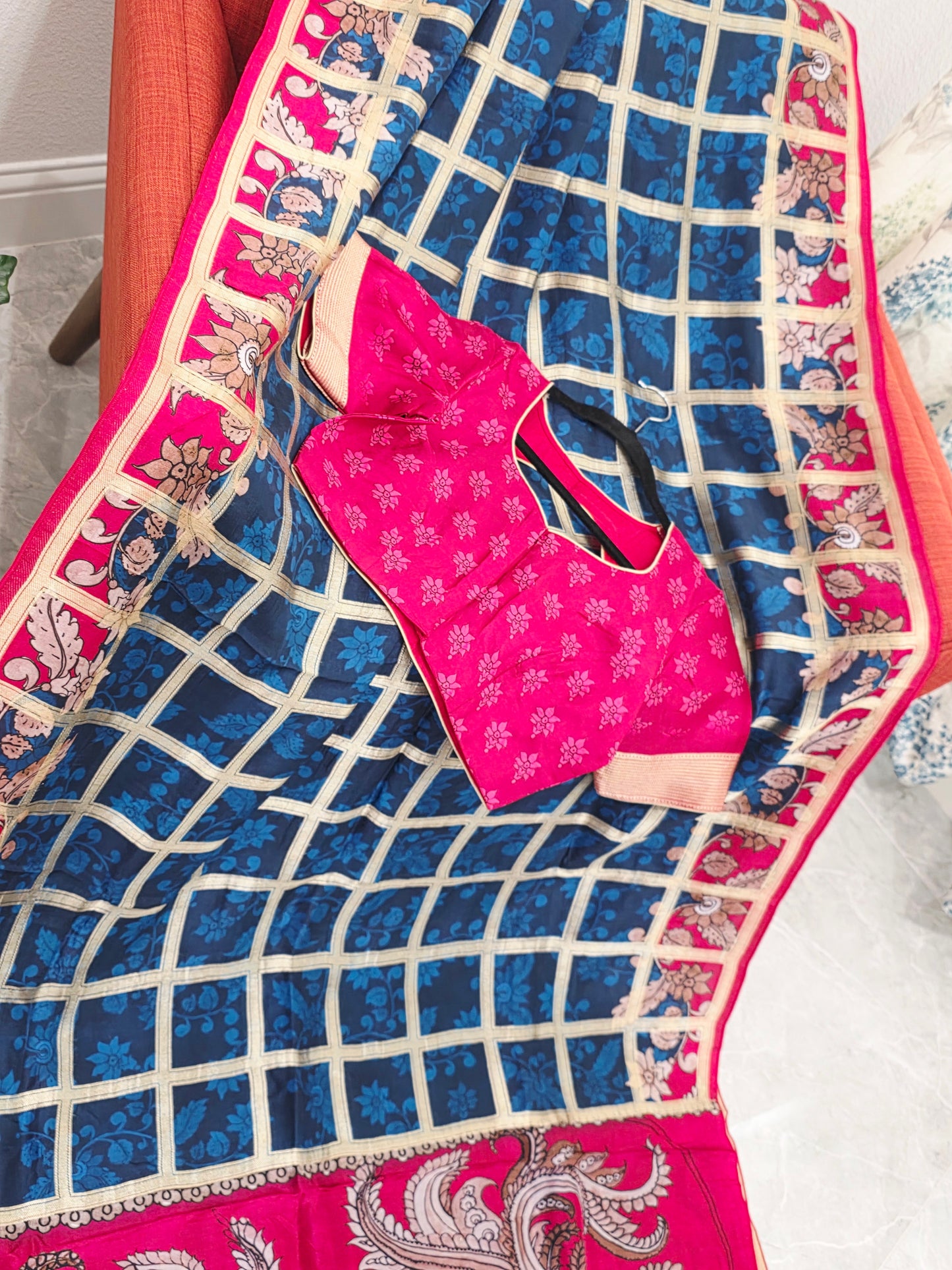 Royal Navy Blue & Rani Pink Kalamkari Gharchola Fusion Crepe Silk Saree with Designer Blouse