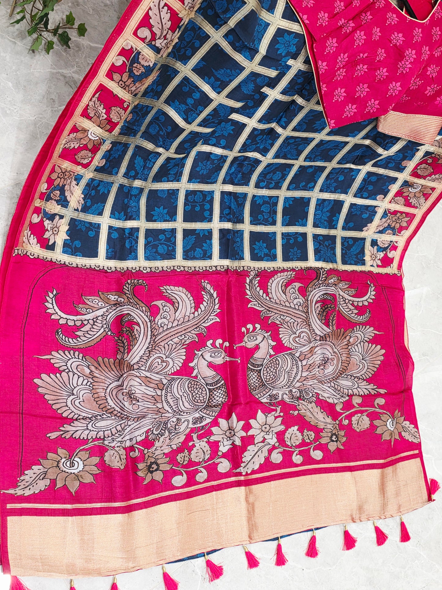 Royal Navy Blue & Rani Pink Kalamkari Gharchola Fusion Crepe Silk Saree with Designer Blouse