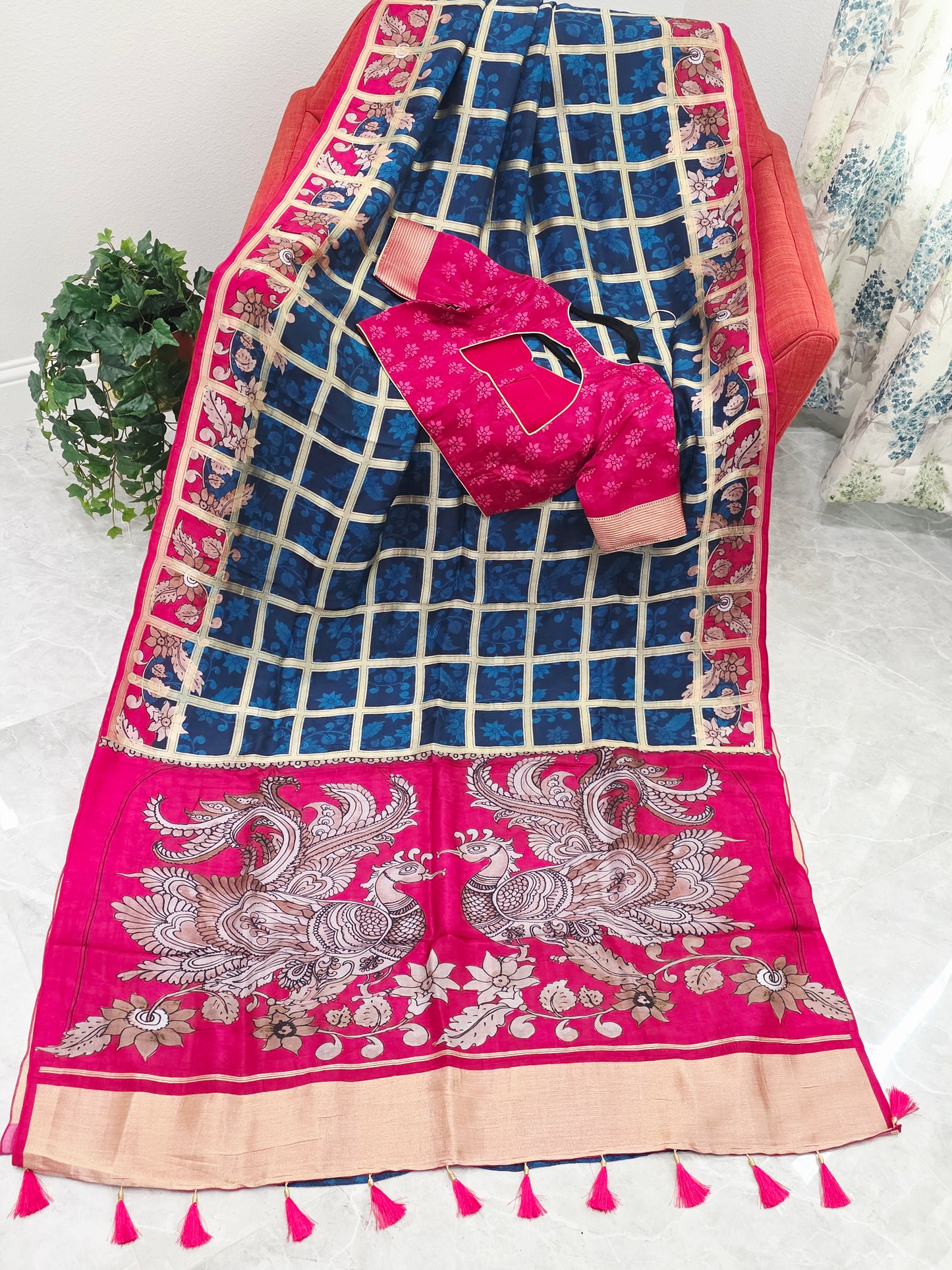 Royal Navy Blue & Rani Pink Kalamkari Gharchola Fusion Crepe Silk Saree with Designer Blouse