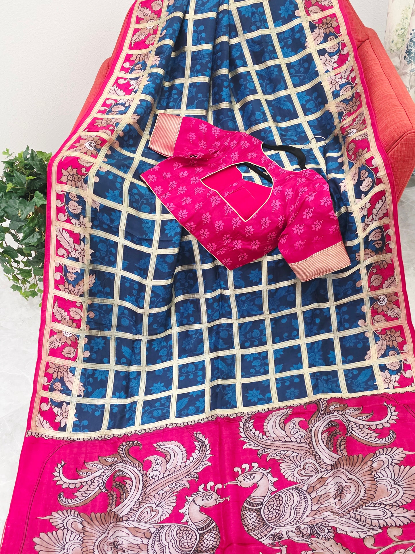 Royal Navy Blue & Rani Pink Kalamkari Gharchola Fusion Crepe Silk Saree with Designer Blouse