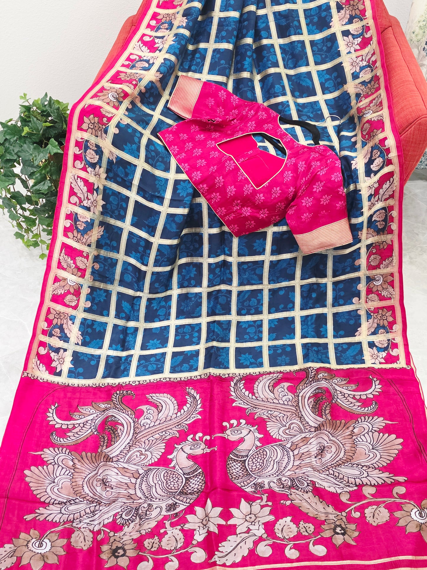Royal Navy Blue & Rani Pink Kalamkari Gharchola Fusion Crepe Silk Saree with Designer Blouse