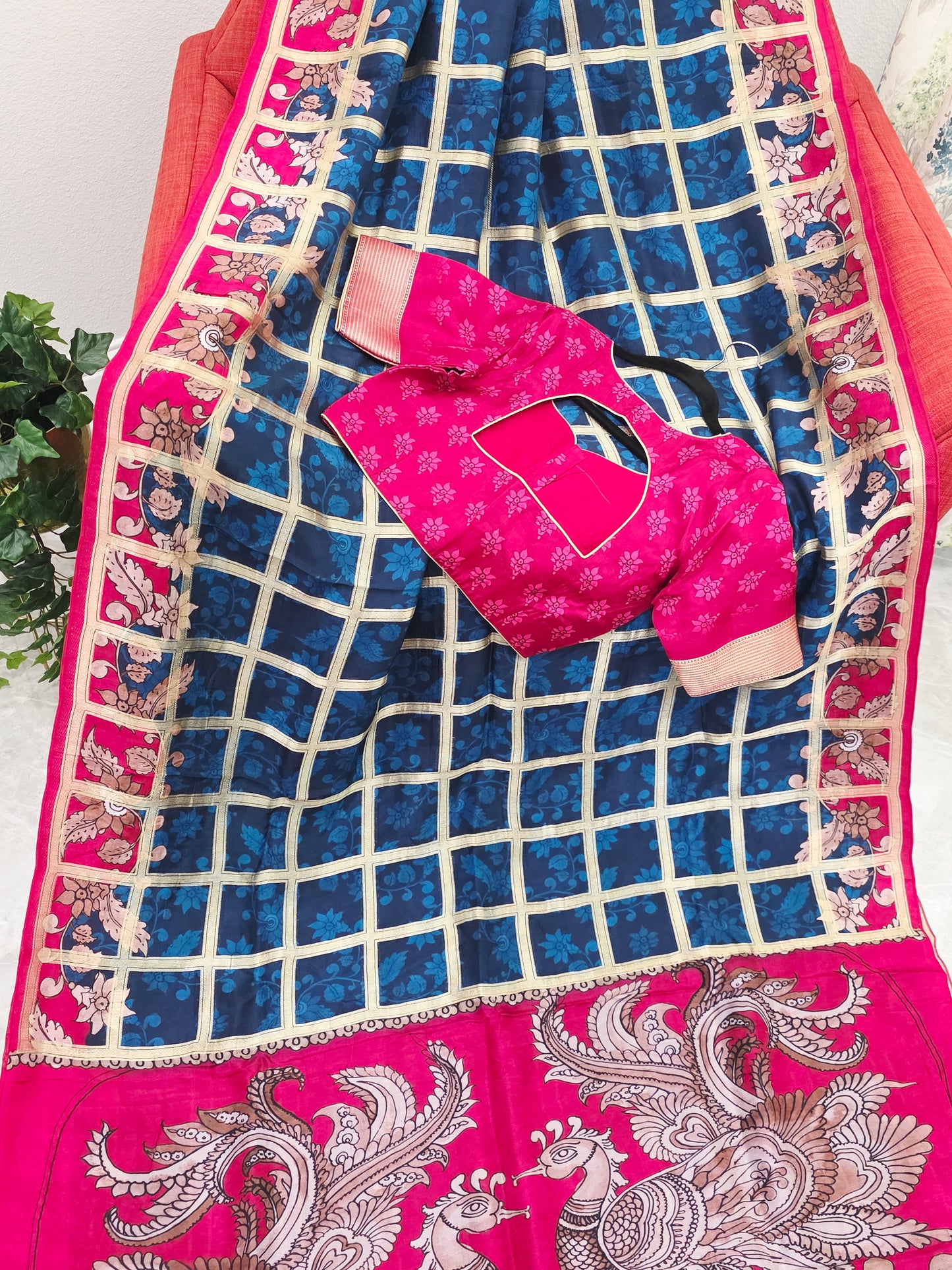 Royal Navy Blue & Rani Pink Kalamkari Gharchola Fusion Crepe Silk Saree with Designer Blouse