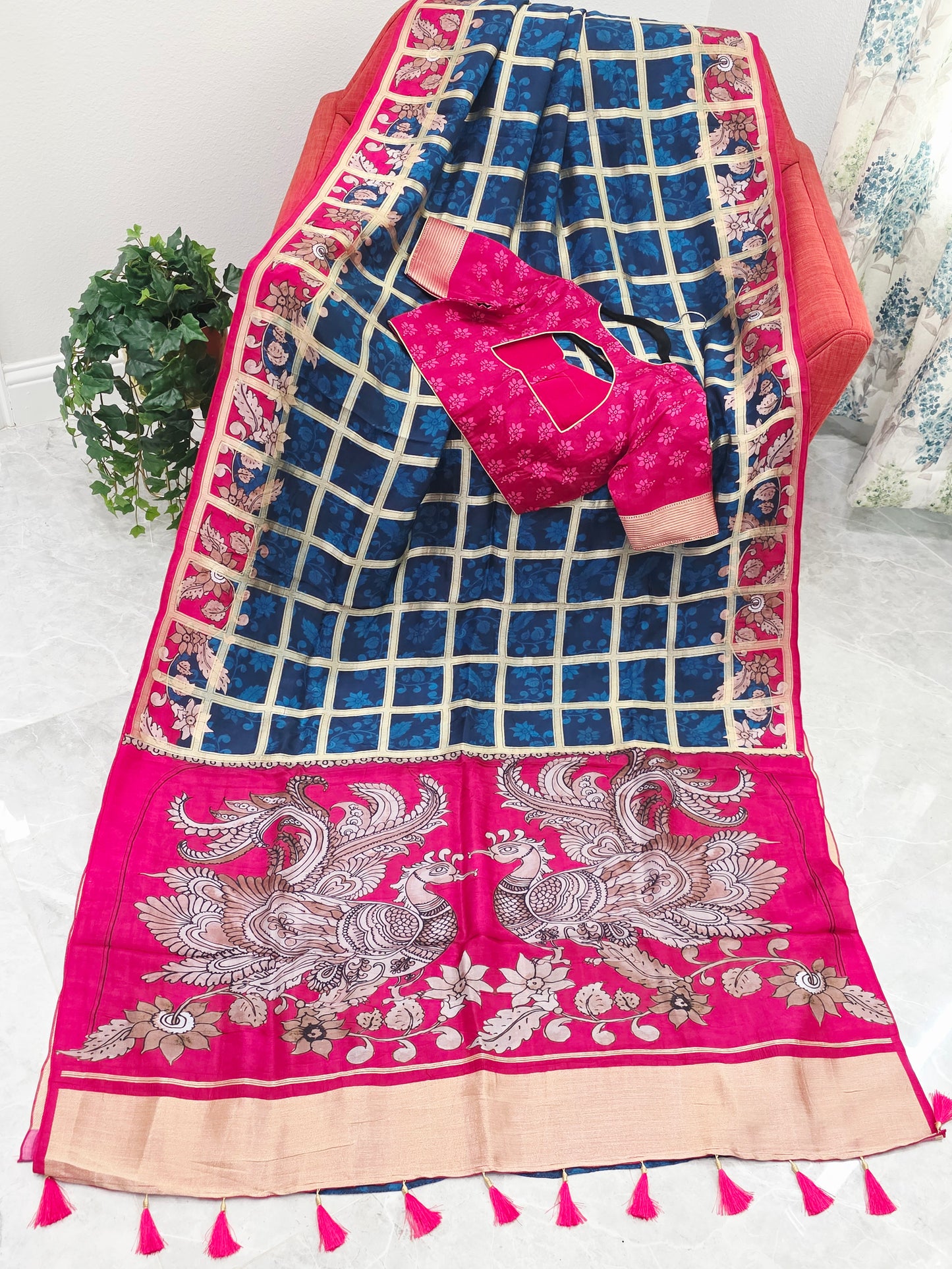 Royal Navy Blue & Rani Pink Kalamkari Gharchola Fusion Crepe Silk Saree with Designer Blouse