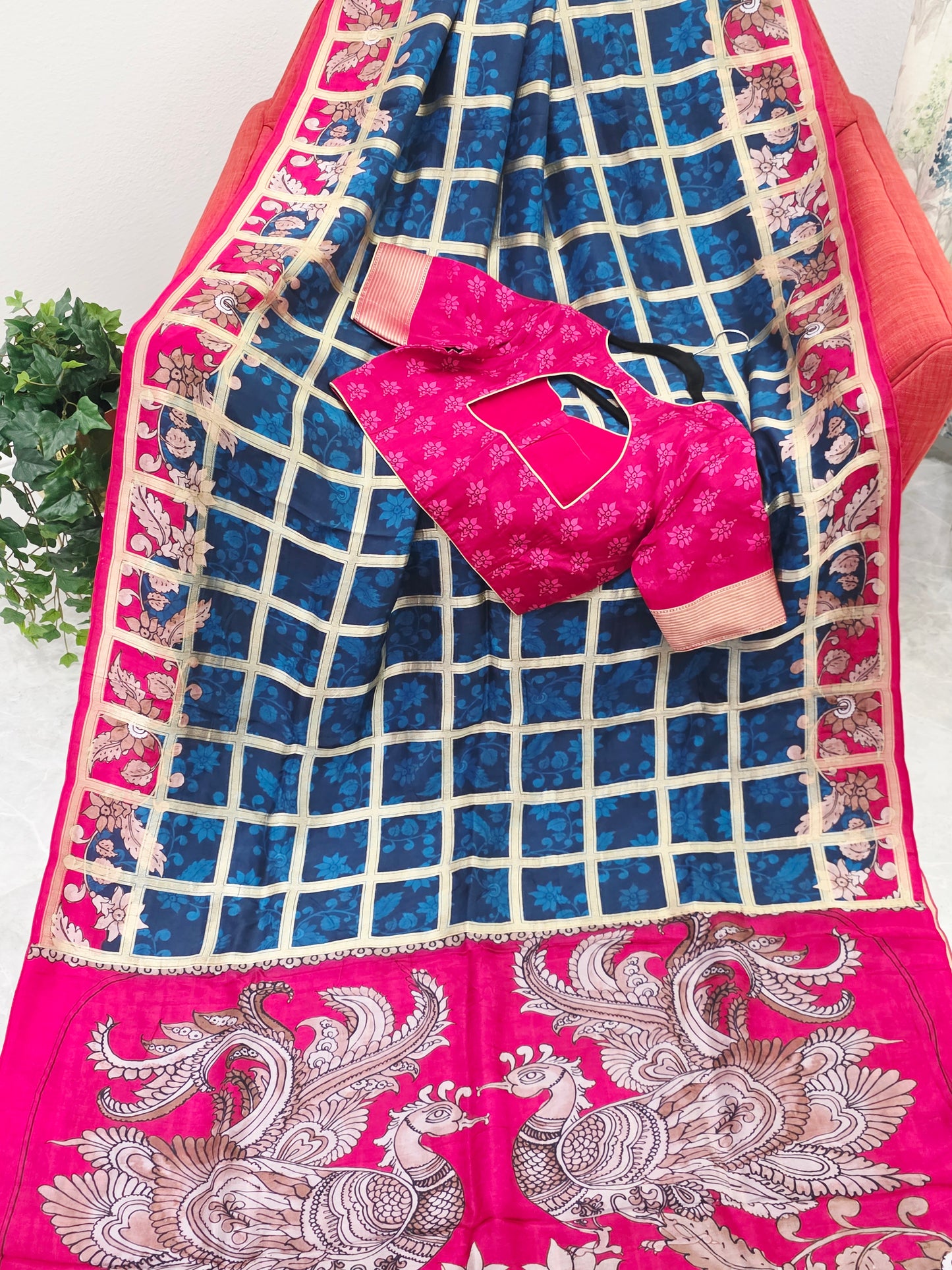 Royal Navy Blue & Rani Pink Kalamkari Gharchola Fusion Crepe Silk Saree with Designer Blouse
