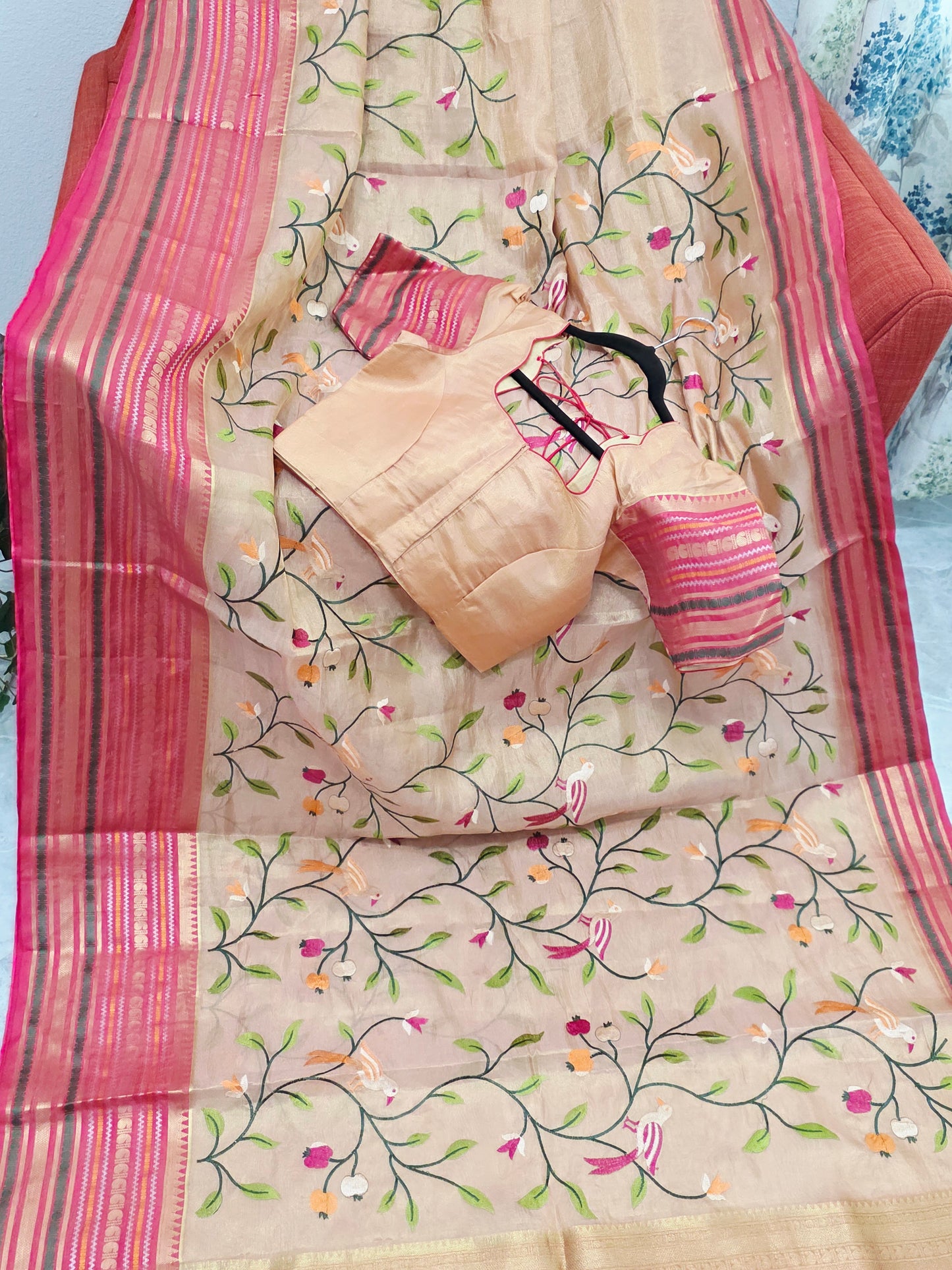 Blush Peach & Rani Pink Soft Tissue Silk Saree with Bird Embroidery & Designer Blouse