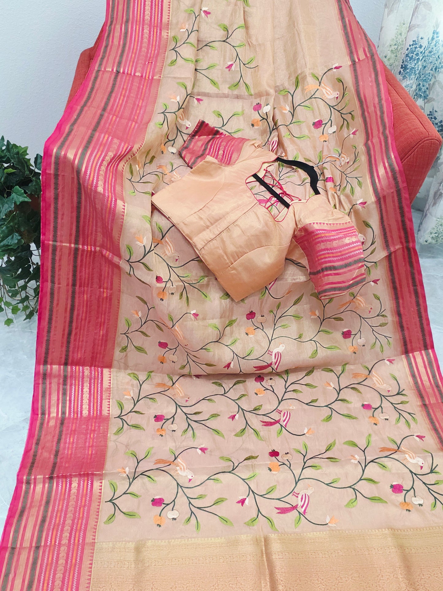 Blush Peach & Rani Pink Soft Tissue Silk Saree with Bird Embroidery & Designer Blouse