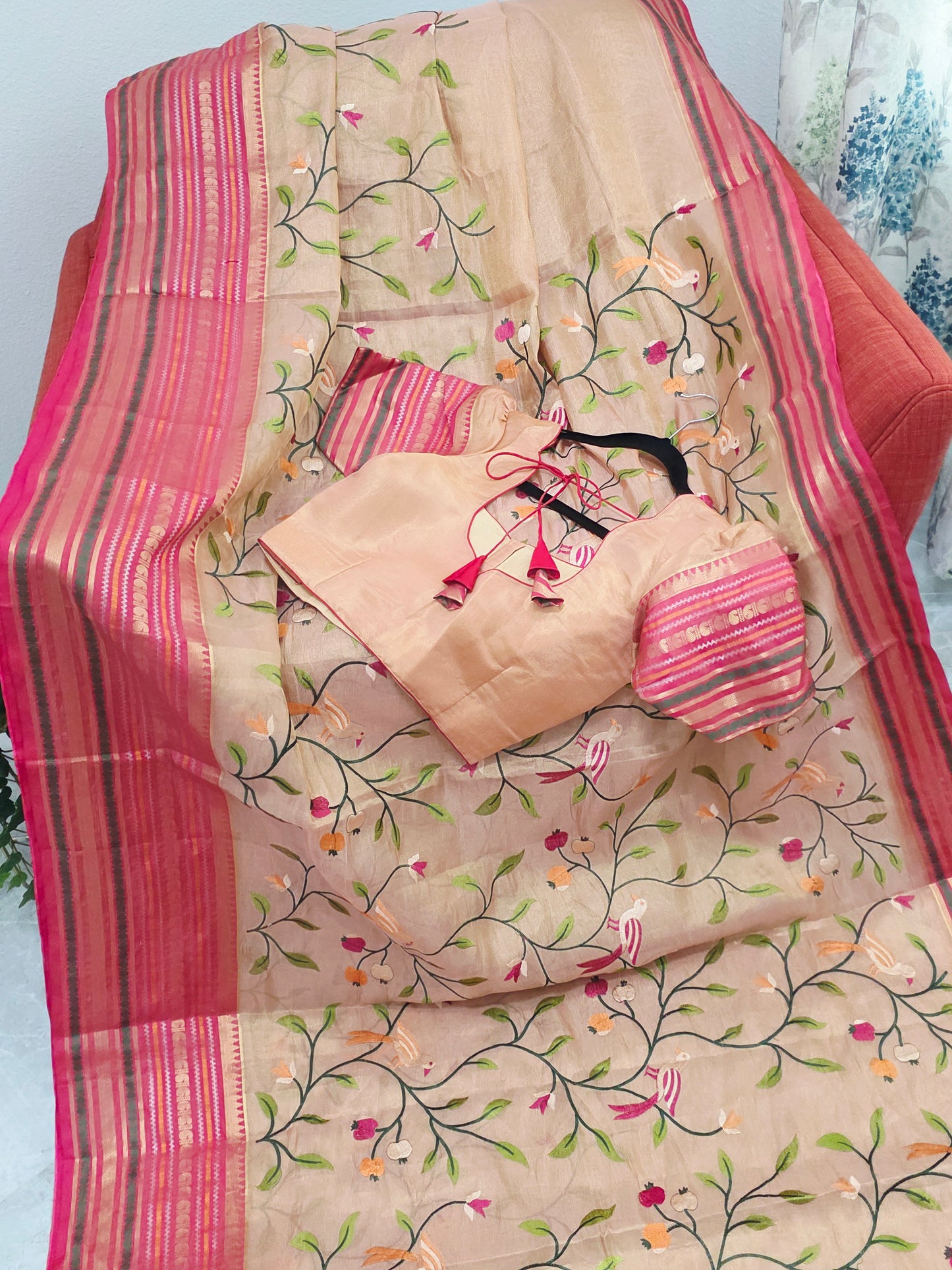 Blush Peach & Rani Pink Soft Tissue Silk Saree with Bird Embroidery & Designer Blouse