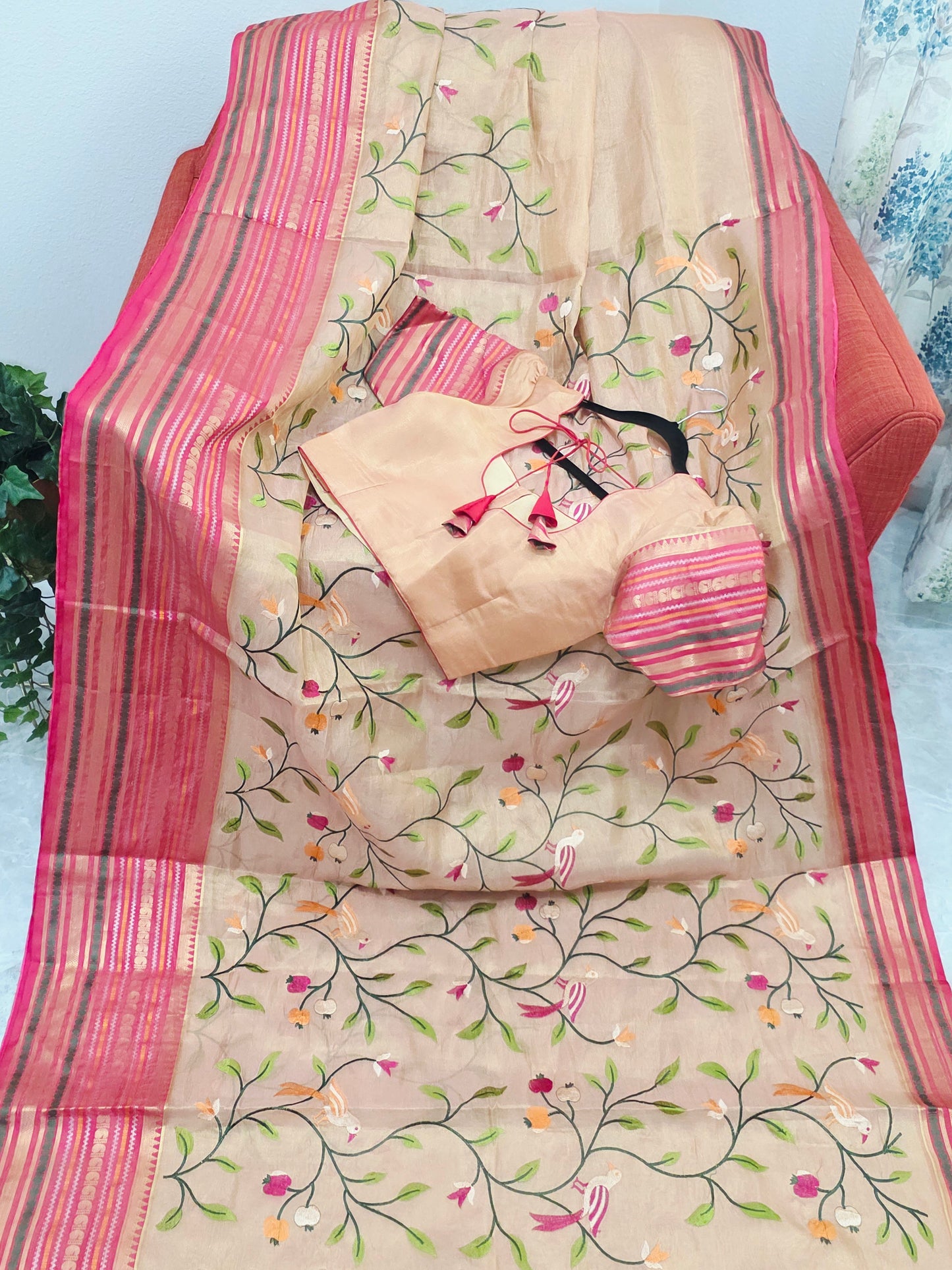 Blush Peach & Rani Pink Soft Tissue Silk Saree with Bird Embroidery & Designer Blouse